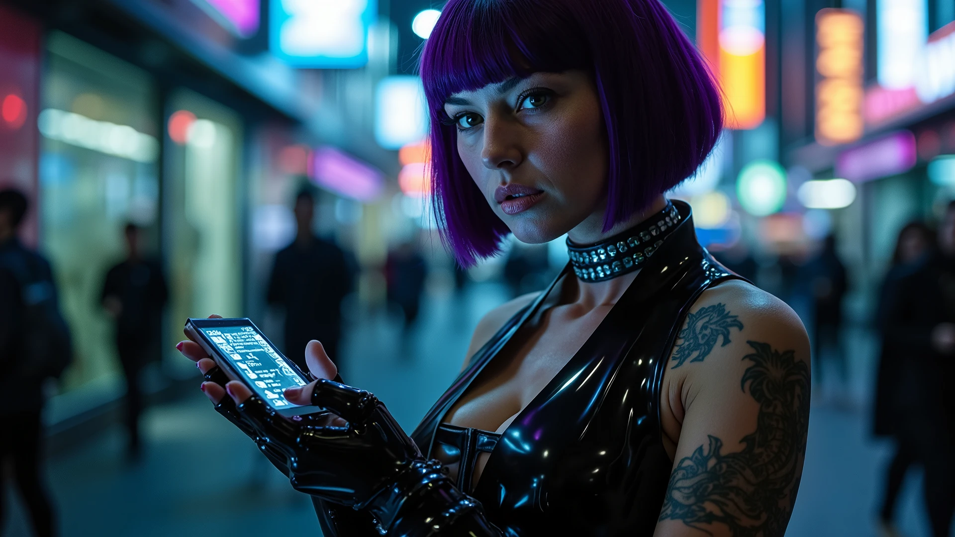In a dimly lit urban environment, the full-body portrait captures a striking woman poised against the backdrop of a bustling cyberpunk city. Her vibrant purple bob frames a fierce expression, with full lips that draw attention to her confidence. The composition highlights her athletic figure, clad in a form-fitting, high-tech outfit made of shimmering black synthetic materials that reflect the neon lights surrounding her. Intricate tattoos snake along her arms and neck, hinting at a rebellious past, while her cybernetic hand, a blend of polished metal and intricate circuits, firmly grips a futuristic data pad that glows with holographic displays. Her cybernetic eyes, illuminated with an otherworldly glow, add an additional layer of intrigue and intensity, enhancing the overall futuristic aesthetic of the image. The dim lighting contrasts with the vibrant neon hues, creating a dramatic atmosphere that immerses the viewer in the captivating world of advanced technology and urban grit.