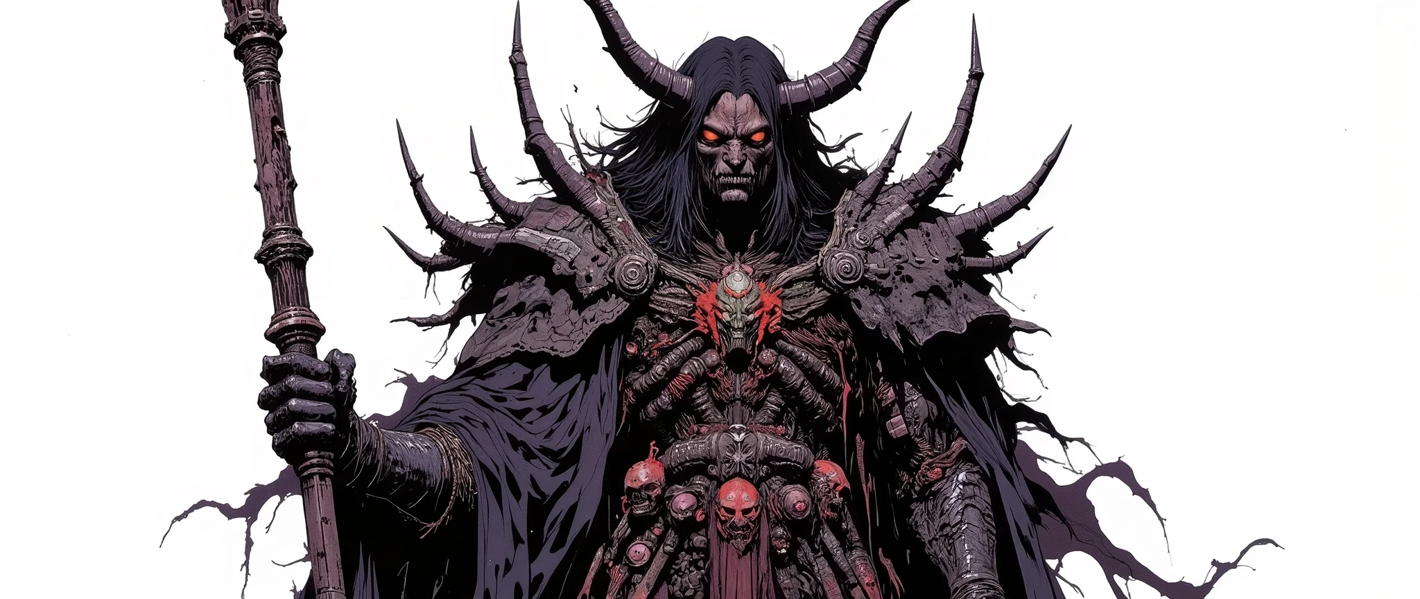 Masterpiece, latest, very aesthetic. A Demon Lord of darkness, he has huge horns that adorn his head, black horns, he has locks of hair, he is 5 meters tall, he wears armor with huge and disproportionate shoulders, he is very strong and has huge claws, gore, a scary monster, he has 4 arms, spear-shaped bones that come out of his back, very long, [[his feet are like goat feet]], on his waist he carries several severed heads, in his hand he carries a huge demonic sword, demon king, his face is like the statue of solo elevin boss, Asian horror, Hannya, geisha mask,
[[rendered as animes 'Blame' 'Berzeker' 'Claymore' 'Texhnolyze', ' Clastevania" rossdraws 2.0, high resolution, 90s anime style, full body, high contrast, anatomically correct, front and side and back view, character presentation, [[white background]], character design layout, 3 sides, front back and side, front view [[[Ele esta de FRONT]]], [[El esta de back ]] [[FULL BODY]], [[Image showing her full body from head to toe]] , front and side view in the same image, [[white background]], presentation of the character concept. no shading, flat colors in the 90's anime style with cel shaded. 3 tones