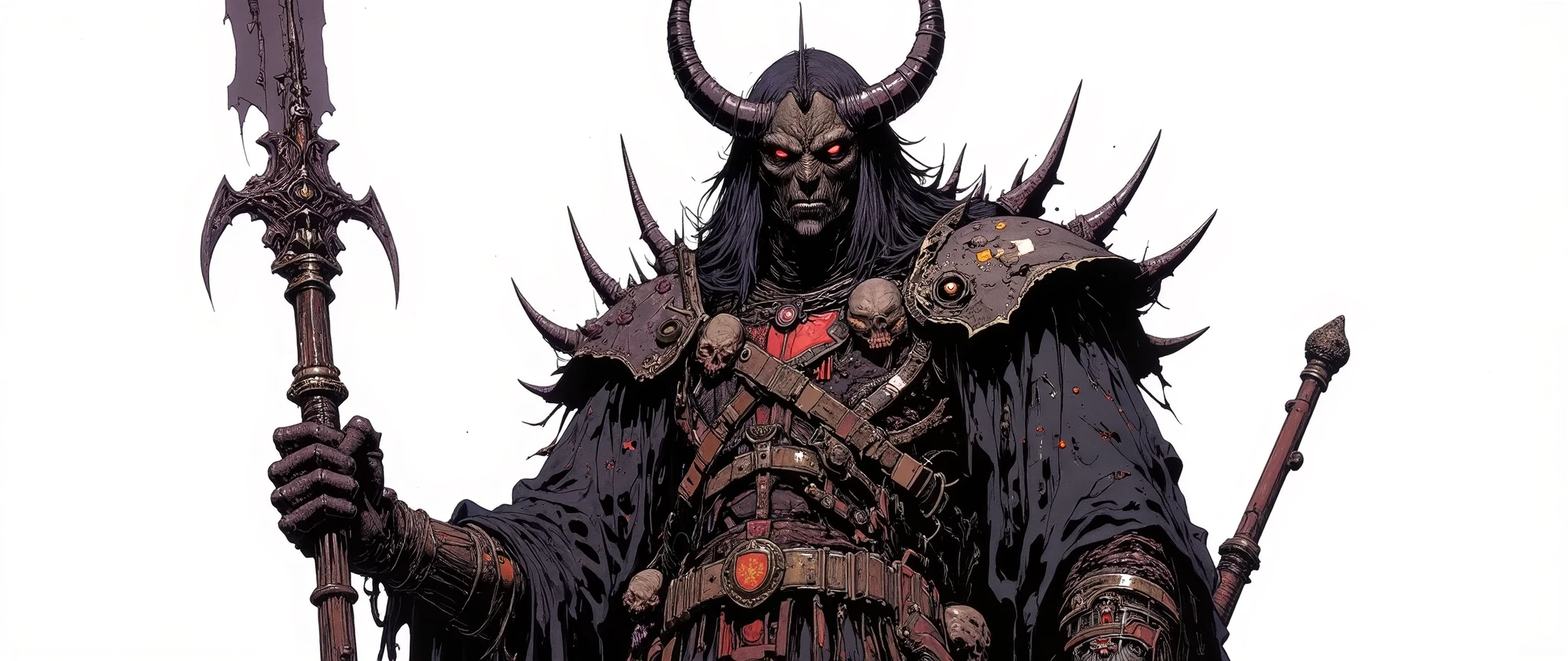 Masterpiece, latest, very aesthetic. A Demon Lord of darkness, he has huge horns that adorn his head, black horns, he has locks of hair, he is 5 meters tall, he wears armor with huge and disproportionate shoulders, he is very strong and has huge claws, gore, a scary monster, he has 4 arms, spear-shaped bones that come out of his back, very long, [[his feet are like goat feet]], on his waist he carries several severed heads, in his hand he carries a huge demonic sword, demon king, his face is like the statue of solo elevin boss, Asian horror, Hannya, geisha mask,
[[rendered as animes 'Blame' 'Berzeker' 'Claymore' 'Texhnolyze', ' Clastevania" rossdraws 2.0, high resolution, 90s anime style, full body, high contrast, anatomically correct, front and side and back view, character presentation, [[white background]], character design layout, 3 sides, front back and side, front view [[[Ele esta de FRONT]]], [[El esta de back ]] [[FULL BODY]], [[Image showing her full body from head to toe]] , front and side view in the same image, [[white background]], presentation of the character concept. no shading, flat colors in the 90's anime style with cel shaded. 3 tones
