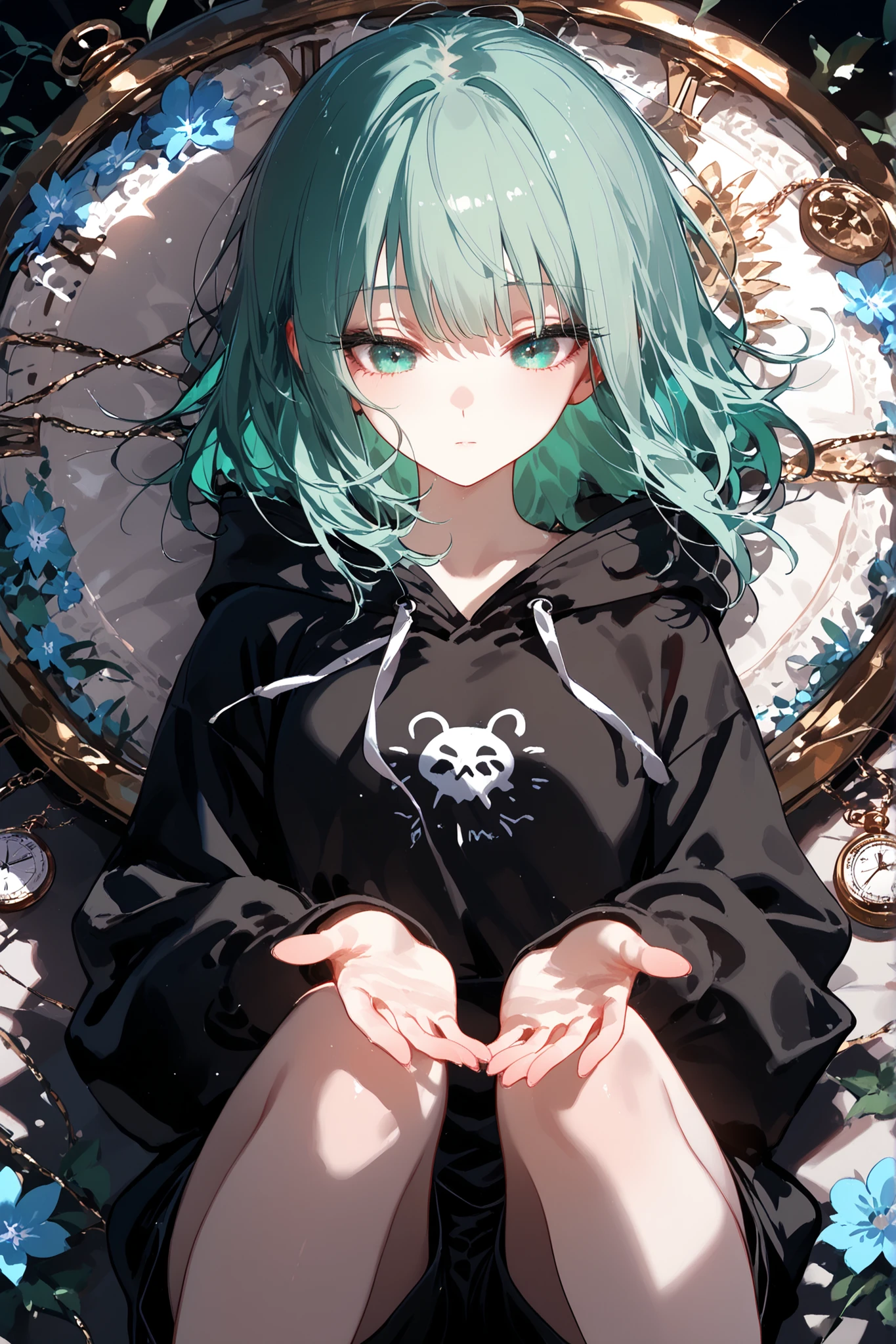 super detail, masterpiece, best quality, high resolution, beautiful, perfect hands, Anime girl female medium hair mint-green hair and mint-green eyes, Pale skin with matching pale eyelashes(black), Her eyes are accentuated by elegant black eyelashes that shimmer in the light, black hoodie, black shorts, with small blue forget-me-not flower decorations, vintage pocket watch delicate chain, white revolver