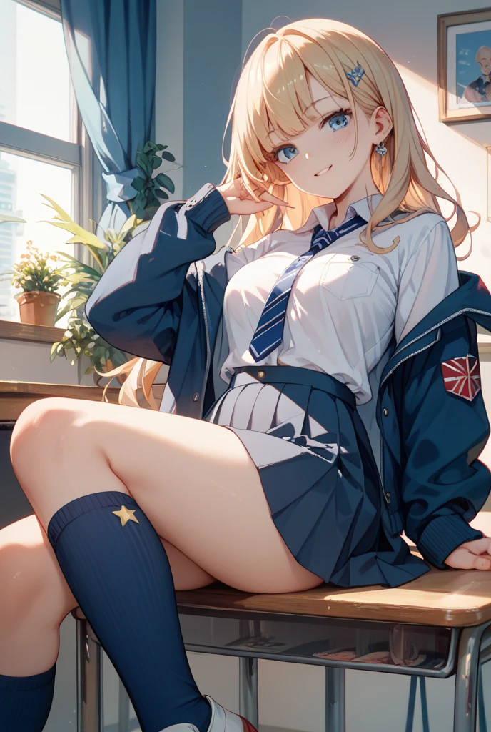 Highest quality,Highest quality,One girl,One boy,((((10 years old)))),Flat Chest,orgasm,blush, Sweat, Sakurai Momoka,Blonde,White Sarah Outfit,Navy Blue Skirt, Not a pleated skirt,whole body,classroom, Grey pantyhose、Flipping up a navy blue skirt、Spread your legs