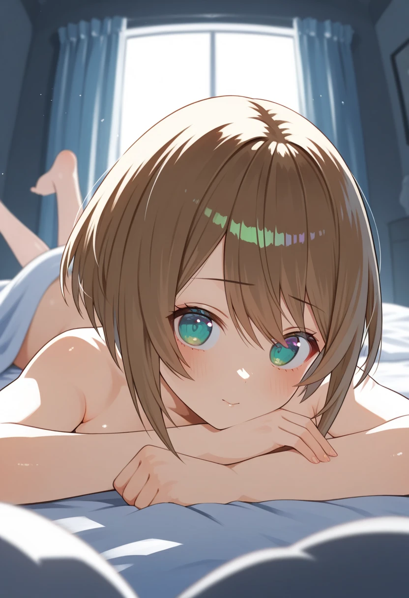 blonde, short hair, girl1, sleep in bed, upper body, completely nude, kawaii, cute, purple eyes