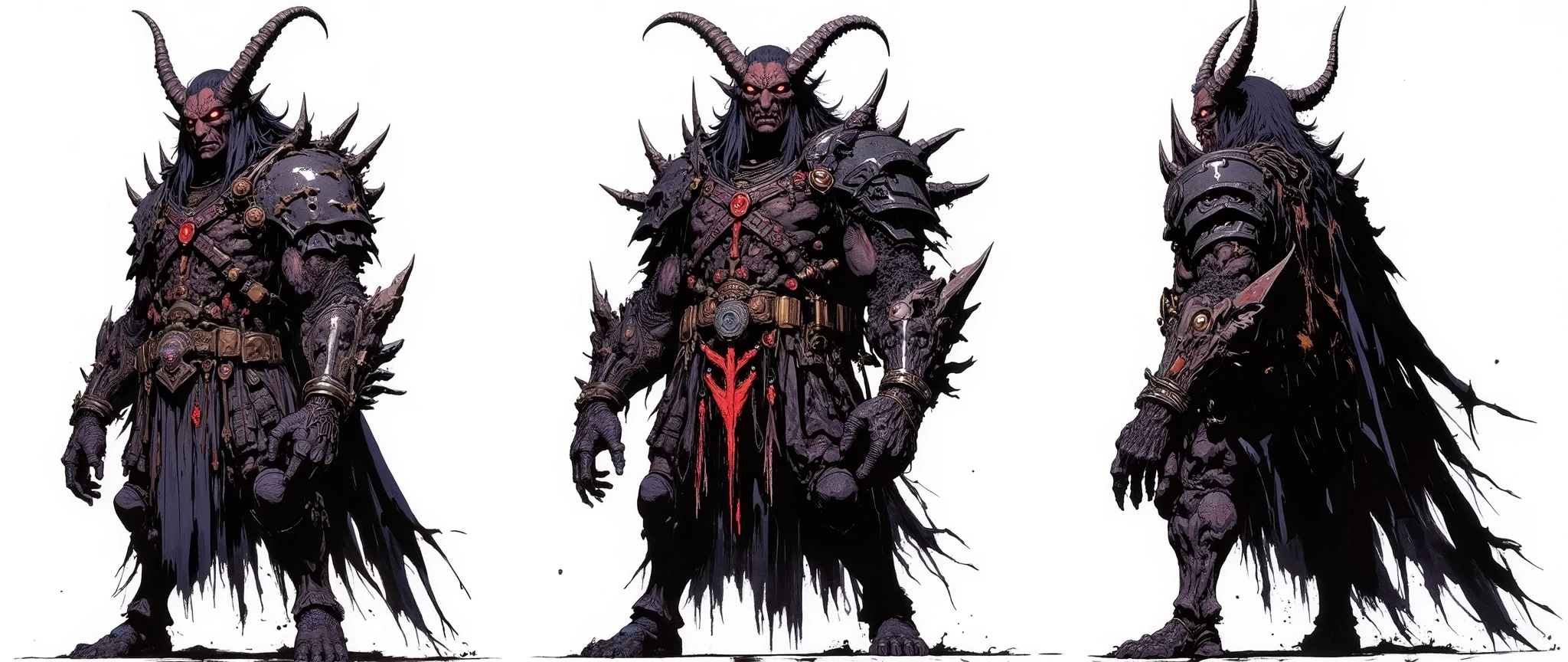 Masterpiece, latest, very aesthetic. A Demon Lord of darkness, he has huge horns that adorn his head, black horns, he has locks of hair, he is 5 meters tall, he wears armor with huge and disproportionate shoulders, he is very strong and has huge claws, gore, a scary monster, he has 4 arms, spear-shaped bones that come out of his back, very long, [[his feet are like goat's feet]], on his waist he carries several severed heads, in his hand he carries a huge demonic sword, demon king, his face is like the statue of solo elevin boss, asian horror, Hannya, geisha mask, [[rendered as animes 'Blame' 'Berzeker' 'PSYCHO-PASS' 'Texhnolyze' , Female body similar to anime 'Blade & Soul']] rossdraws 2.0, high resolution, 90s anime style, full body, high contrast, anatomically correct, front and side and back view, character presentation, [[white background]], character design layout, 3 sides, front back and side, front view [[[She'S FRONT]]], [[She's back]] [[FULL BODY]], [[Image showing her full body from head to toe]] , front and side view in the same image, [[white background]], presentation of the character concept. no shading, flat colors in the 90's anime style with cel shaded. 3 tones
