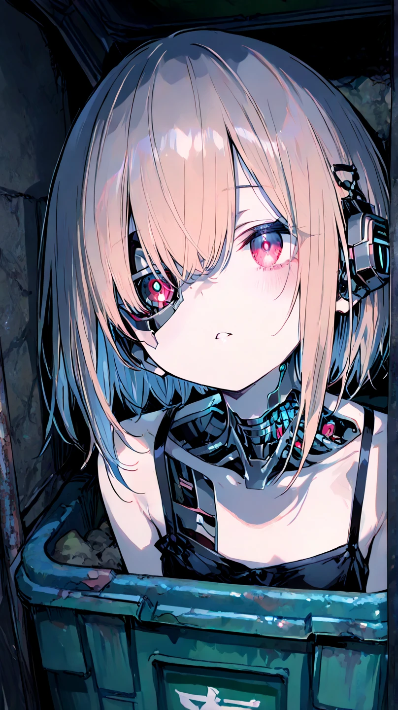 748cmstyle,half_cyborg_face,(masterpiece:1.2, top quality), (beautiful detailed eyes: 1.2), ((1 Beautiful Girl)), (beautiful background:1.2), (Highly Detailed CG, Super Detailed),(Extremely Detailed and Beautiful:1.1), (Perfect Details:1.1),A cute humanoid android discarded in a garbage dump,