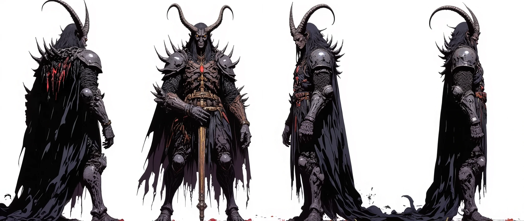 Masterpiece, latest, very aesthetic. A Demon Lord of darkness, he has huge horns that adorn his head, black horns, he has locks of hair, he is 5 meters tall, he wears armor with huge and disproportionate shoulders, he is very strong and has huge claws, gore, a scary monster, he has 4 arms, spear-shaped bones that come out of his back, very long, [[his feet are like goat's feet]], on his waist he carries several severed heads, in his hand he carries a huge demonic sword, demon king, his face is like the statue of solo elevin boss, asian horror, Hannya, geisha mask, [[rendered as animes 'Blame' 'Berzeker' 'PSYCHO-PASS' 'Texhnolyze' , Female body similar to anime 'Blade & Soul']] rossdraws 2.0, high resolution, 90s anime style, full body, high contrast, anatomically correct, front and side and back view, character presentation, [[white background]], character design layout, 3 sides, front back and side, front view [[[She'S FRONT]]], [[She's back]] [[FULL BODY]], [[Image showing her full body from head to toe]] , front and side view in the same image, [[white background]], presentation of the character concept. no shading, flat colors in the 90's anime style with cel shaded. 3 tones
