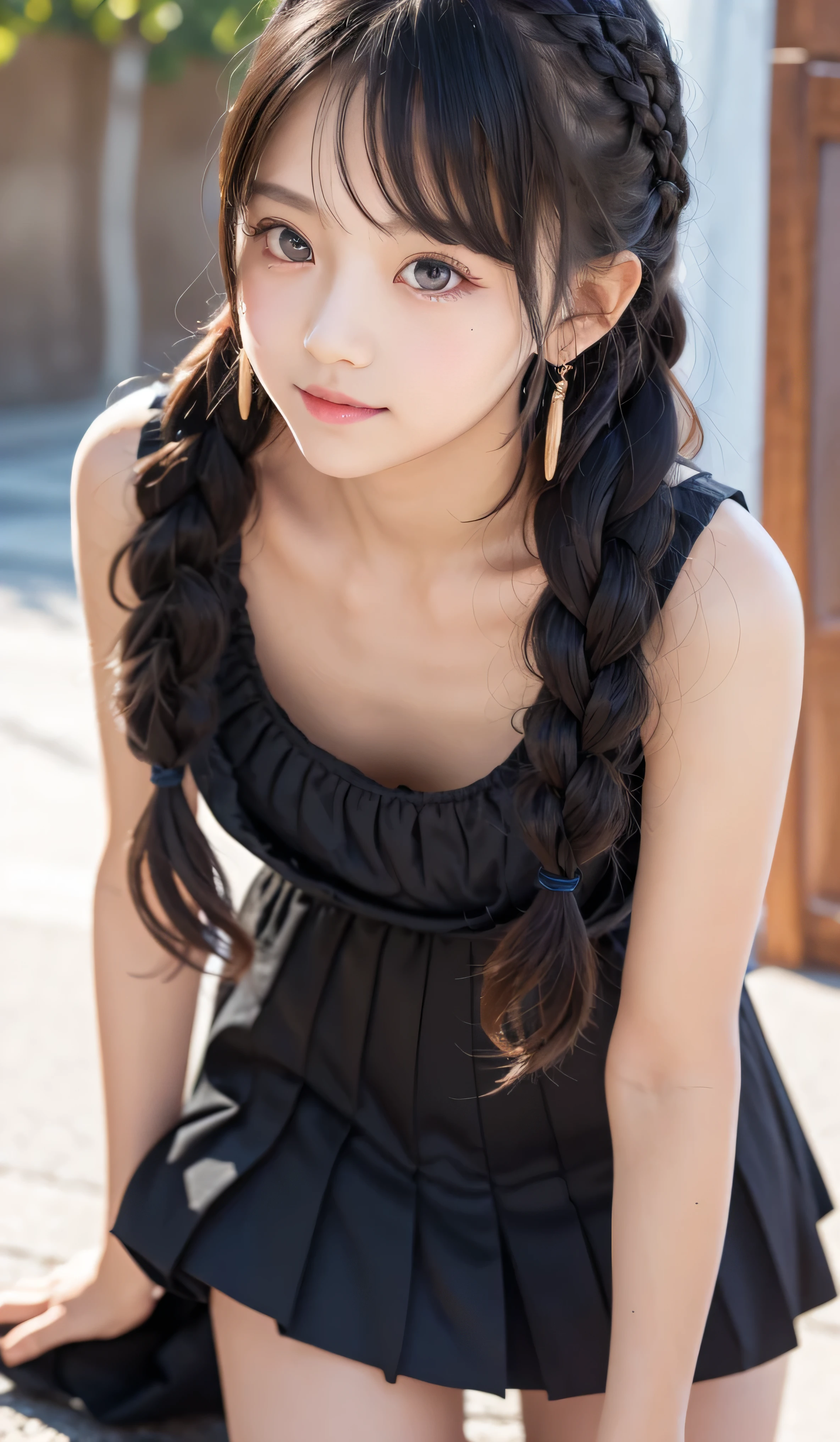 Female junior high school student、Very cute girl、、An angelic smile、
break、Flaxen Hair、Side braided hair、Long Hair、Thready hair、Expressive Hair、Dynamic hair、
break、Sleeveless dress、Black Goth Dress、A cute dress full of frills、Especially short skirts、Striped knee-high socks、Red pumps、
break、
High resolution, masterpiece, accurate, Anatomically correct, Winner of numerous awards, 最high quality, High-resolution model, High detail, high quality, Retina, Very detailed, Ultra high definition, Textured skin,
break、Full body shot、Photographed by a professional photographer、Soft Light Source、Low angle、Looking at the camera、Use of reflector plate
