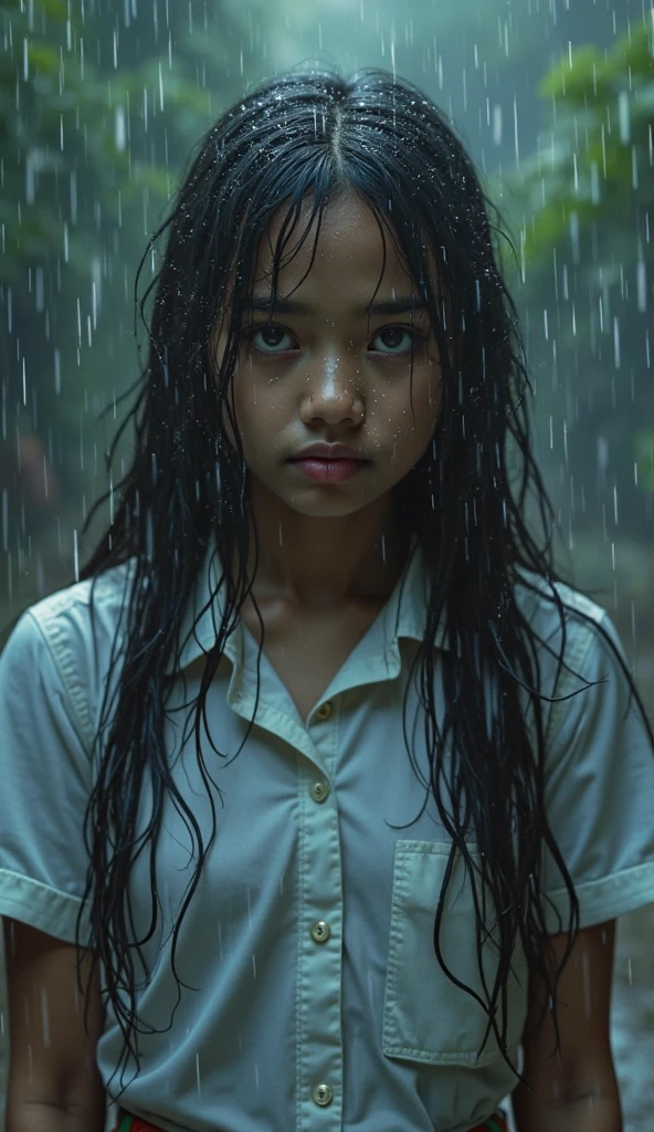 Best image quality, masterpiece, Ultra-high resolution, (Honesty:1.4), photo, 1 girl, White shirt, Ragged jeans, White sneakers, dim, dark, despair, Pity, poor, Movie, Tears, Teardrop, (Holes in clothes:1.5), (Wet clothes:1.4), Bare shoulders, transparent,Real rain, Wet hair,..