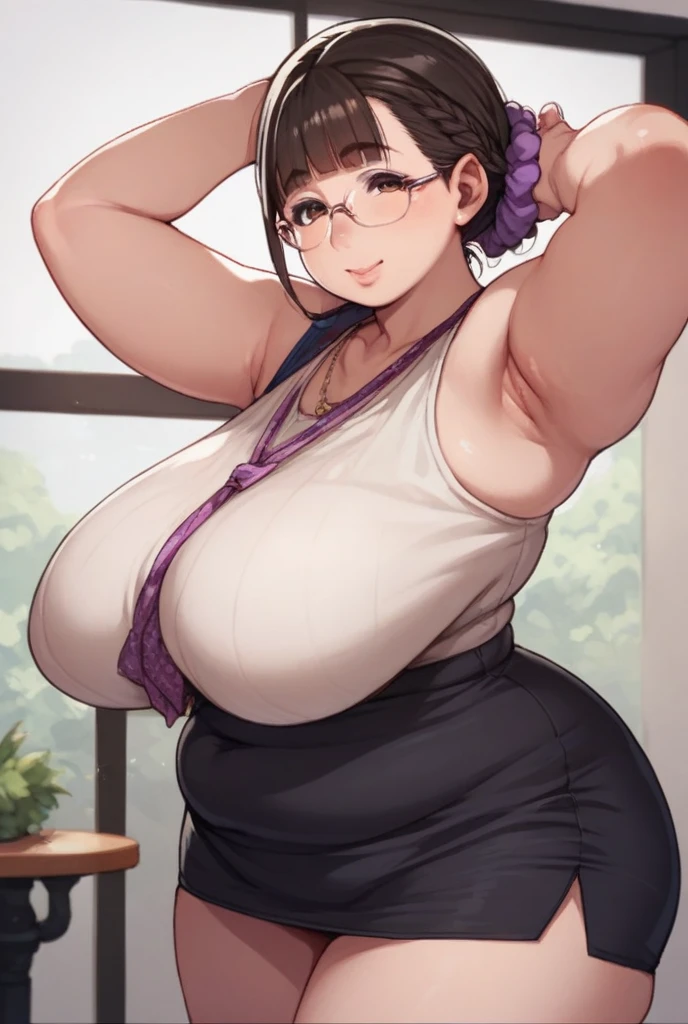 (One girl), (Black Hair:1.1), (Braiding:1.1), (Glasses), (Purple eyes), (smile), (Large Breasts), (Intricate iris detail), (Selfie)