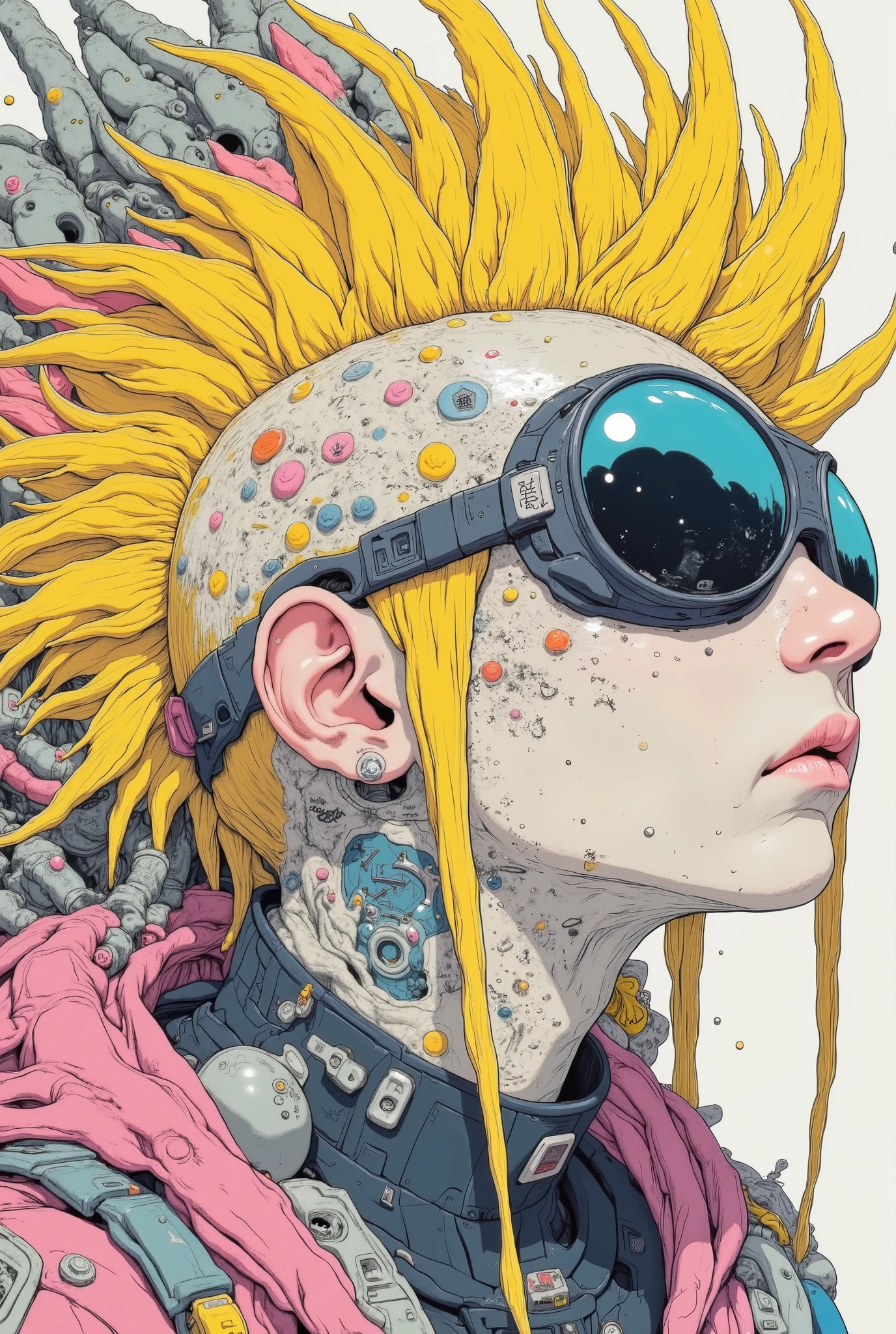 a detailed photograph of a young japanese woman with an extravagant extremely long shaved yellow Mohawk, punk rock goggles, extremely realistic neck tattoos arm tattoos full body tattoos, muted colors, soft lighting, 8k, hi-res, psychedelic aesthetic splattered hip hop graffiti art on background