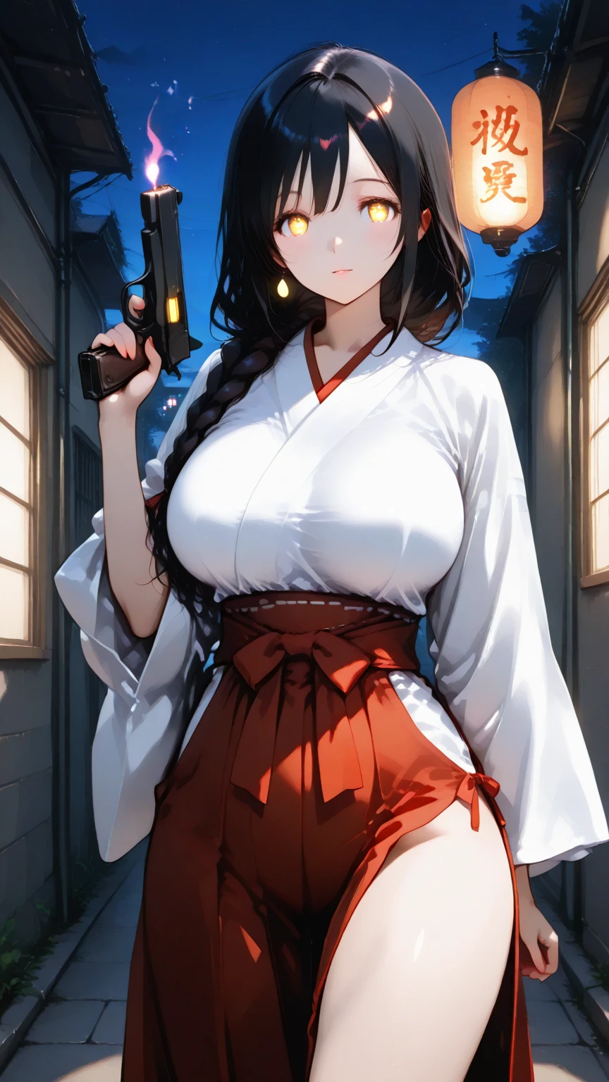 (((masterpiece,Highest quality:1.3,best quality illustration))),(realistic),cowboy shot,独奏,1woman,(18-year-old、Japanese Beauty)、brown hair,long hair,bangs,brown eyes,gorgeous eyes,((very small head:1.3)),Heavy breathing,((very long body:1.2,skinny)),medium breasts,((Red ribbon tie、White collared shirt、Long sleeve、Navy blue pleated neakers,sweat,gleaming skin,toned body,slender body,(Shooting stance、Shoot a gun),Holding a handgun in your hand、Sneakers、Ruined town、at night、Tokyo、Action Scenes、