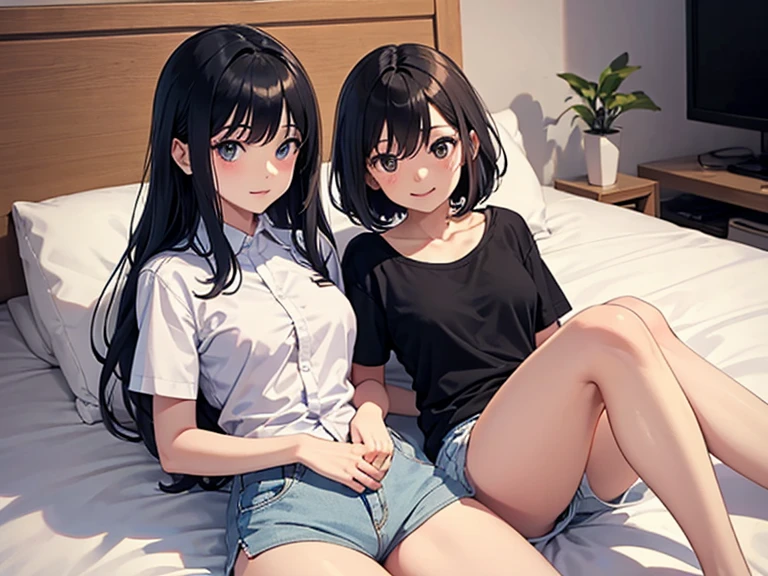 A girl with fluffy black hair and a bare lower body、Pure white shirt、Shaved、Using her left hand to play with her pussy, she squirts、Pee、Sit on the bedroom sofa