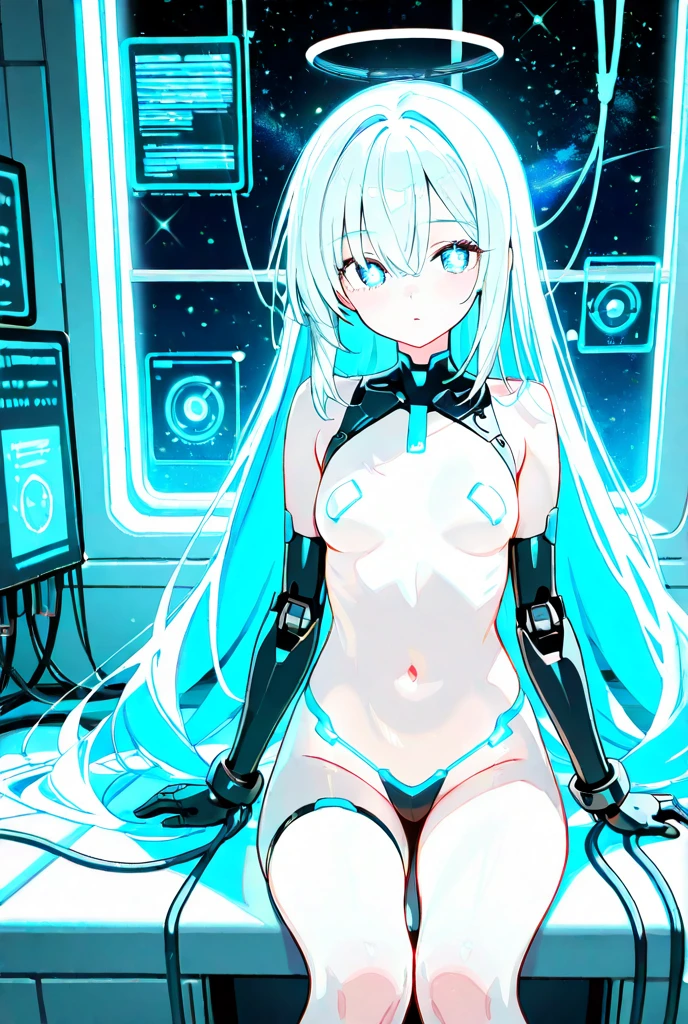 (extremely detailed fine touch:1.3), 1 giril, nude,cover up one's chest,full body,(((under-rimmed glasses:1.3))), (headphones:1.3),connected by cables and tubes throughout the body, in a glass capsule surrounded by sparkling blue water