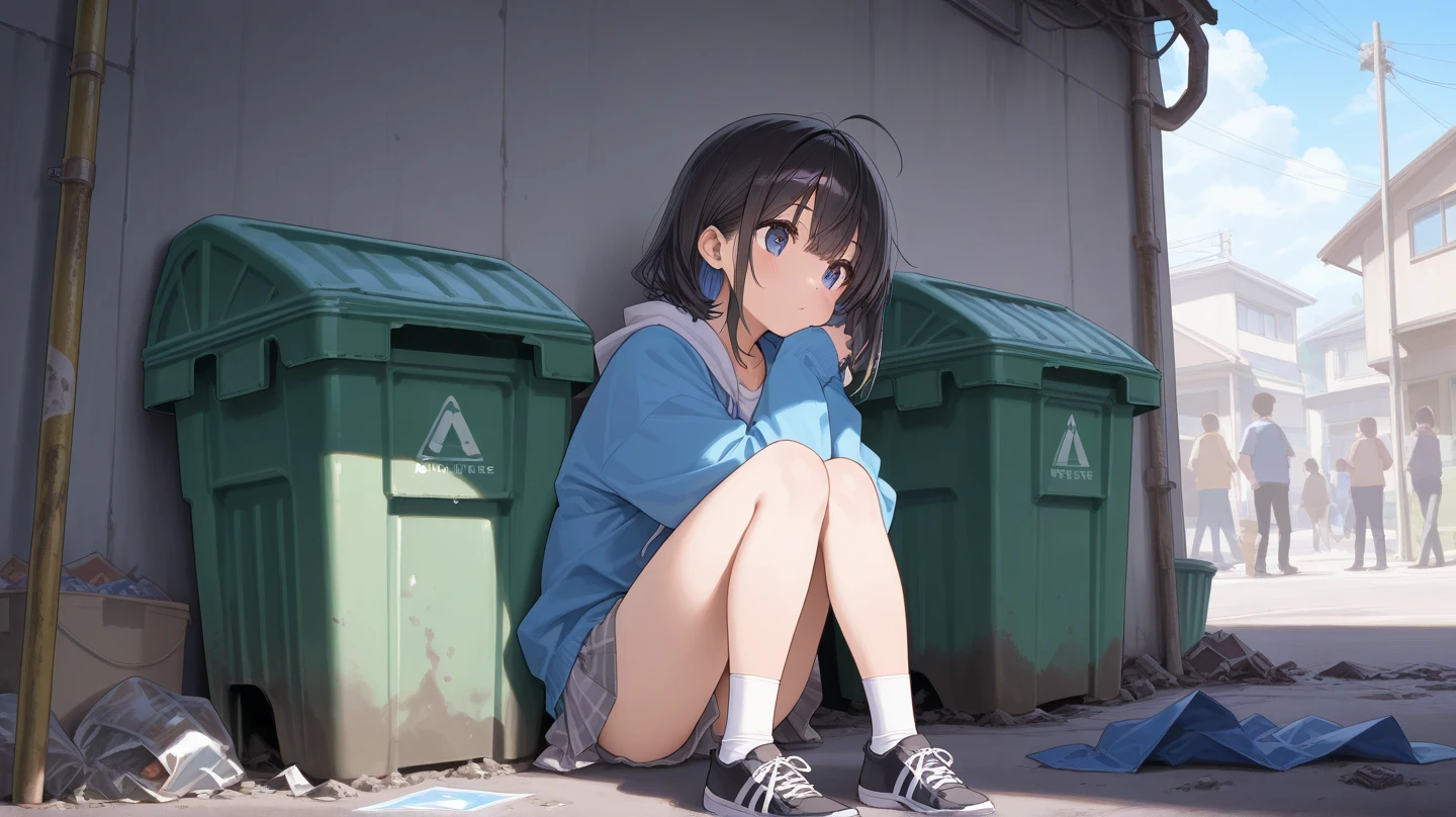 The girl is being forced to take suspicious drugs by a black shadow.、Hollow eyes、Drunk Eyes、girl wearing a white hoodie、Liquid spilling from the mouth、Mouth open、Red cheeks、Skirt falling off、Medium Long Hair、One-point coloring、Light blue and white、Checkered Skirt、Alley、Empty bottles are lying around
