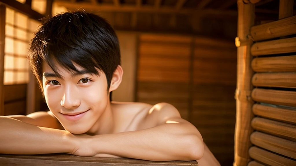 Japanese men、13 years old、Well-developed muscles and smooth skin、Fluffy, voluminous, bright green hair、Pale yellow boxer briefs、See your whole body from head to toe、Smiling softly and friendly、Hero Academy、Masculine poses in the shower
