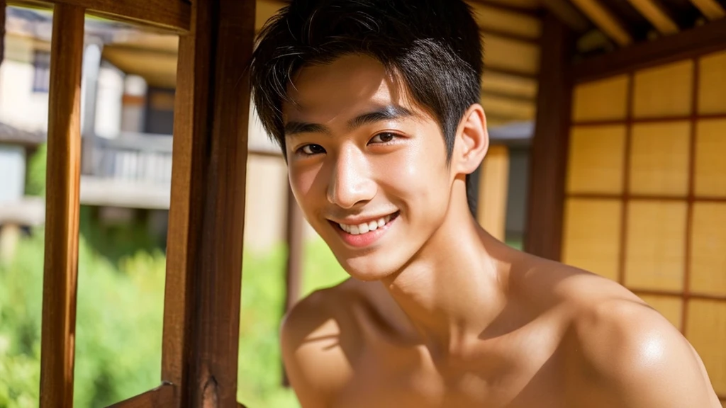Japanese men、13 years old、Muscles and smooth skin、Very short black hair、A relaxed and friendly smile、Orange thin boxer briefs、The whole body is well visible、Posing in the bathroom、