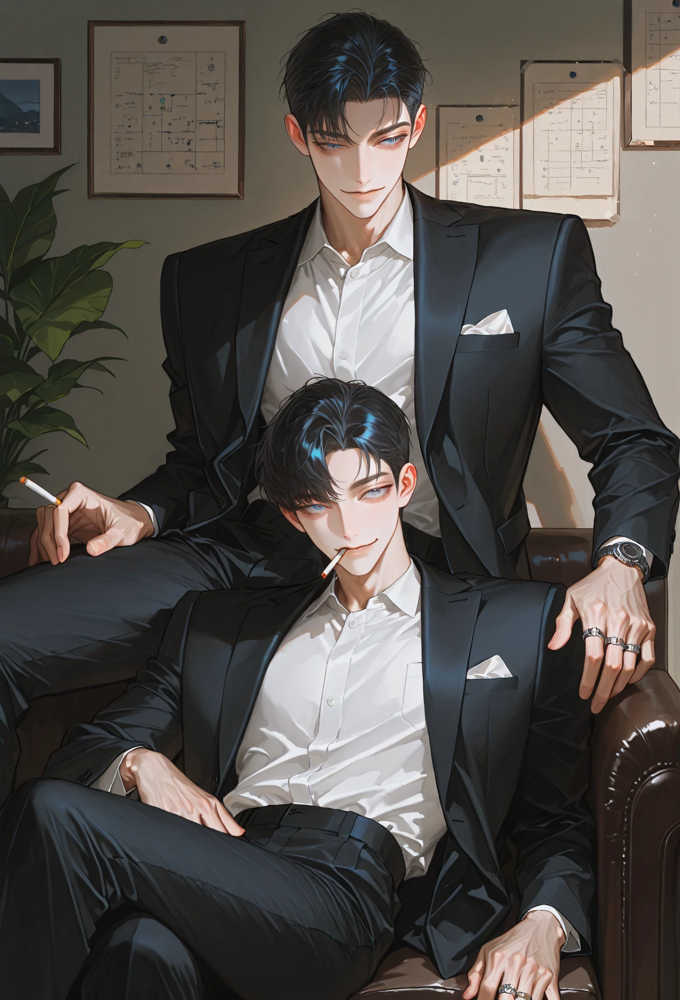 (absurdres, highres, ultra detailed),   1man hug 1man, (((multiple boys))), mature,   love,  hug, upper body,  gold and black hair,  brown open eyes,