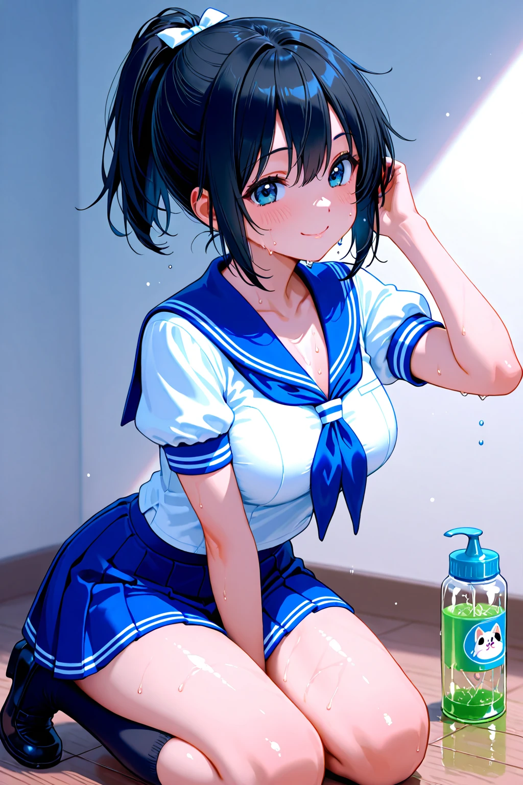 high quality,Delicate face,HD, underwear,Perfect body,Black Slime Shapeshifter,(Chest:2.0),Short hair ponytail,Smile,Cute schoolgirl