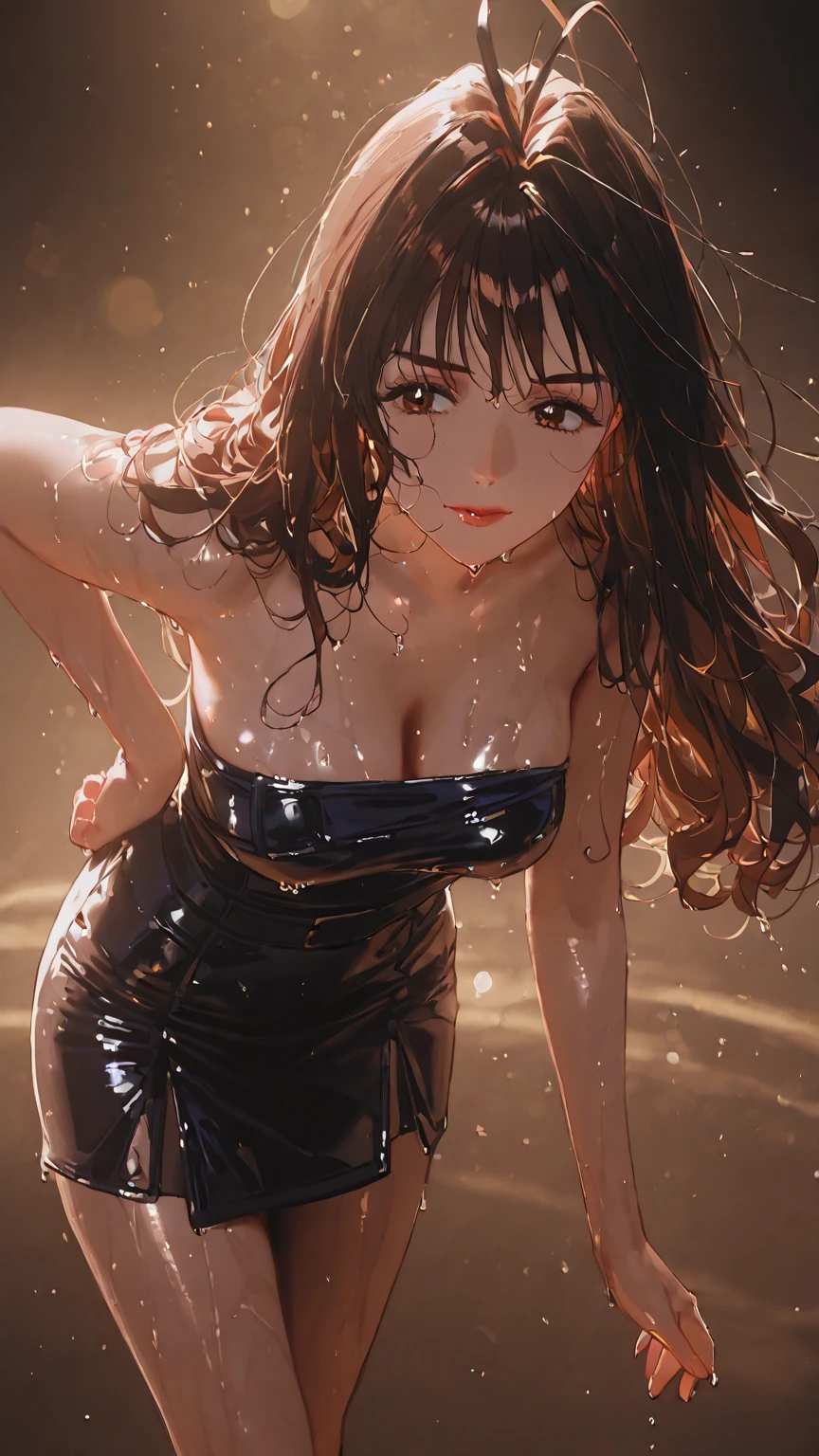 (best quality, 4K, masterpiece :1.3), pretty Woman, 1 girl, (breast, attractive body :1.2), abdominal muscles :1.1, Dark brown hair: 1.1, (wet from rain, get wet by rain, wet :1.2), Super detailed face, delicate lips, delicate eyes, double eyelids