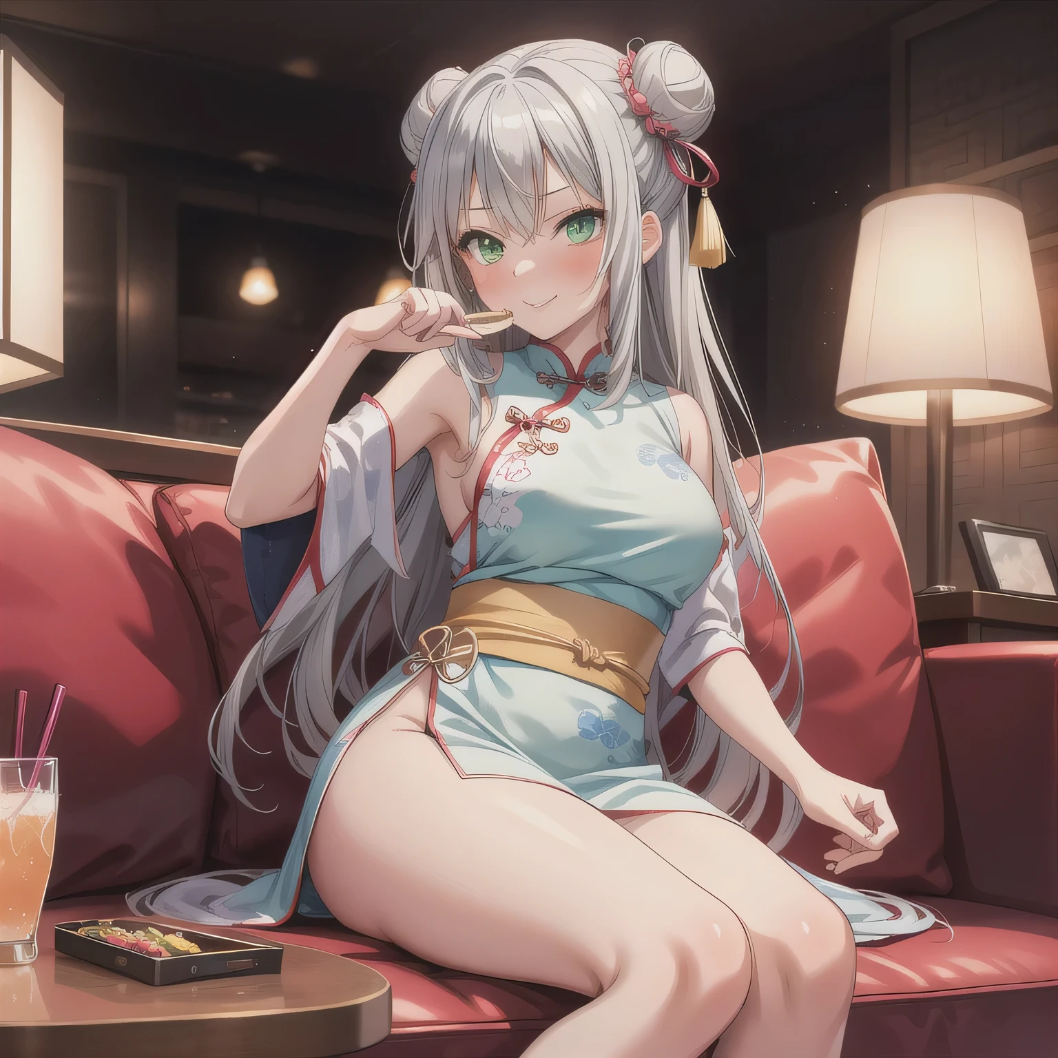 A cute girl, hair styled in two side buns, wearing a vivid red traditional Chinese dress with modest design details. She is sitting in a Japanese karaoke box, surrounded by a typical sofa, table, drink cup, and a moist hand towel. The background shows cozy lighting and interior decor common to karaoke rooms. She leans slightly forward, holding both hands near her mouth in a daydreamy, playful gesture, as if imagining holding something big and delightful. Her lips are softly parted, and she has a mischievous, cheeky expression. No food is visible. The overall mood is fun, slightly teasing, but tasteful and light-hearted. green eyes, Silver hair, long hair. 