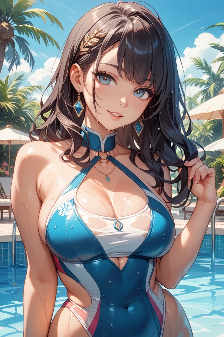 Highest quality、Highest quality、masterpiece、(8k resolution),beauty(Age 25)、(Mature Appearance)、Long Hair(Braiding of the sides)、blue eyes、(Underwear with intricate embroidery、bra)、Big cleavage、((Super big breasts))、smile、blue necklace、Blue Earrings、background(flower)、Please open your mouth wide、Dynamic pose、Blue choker、