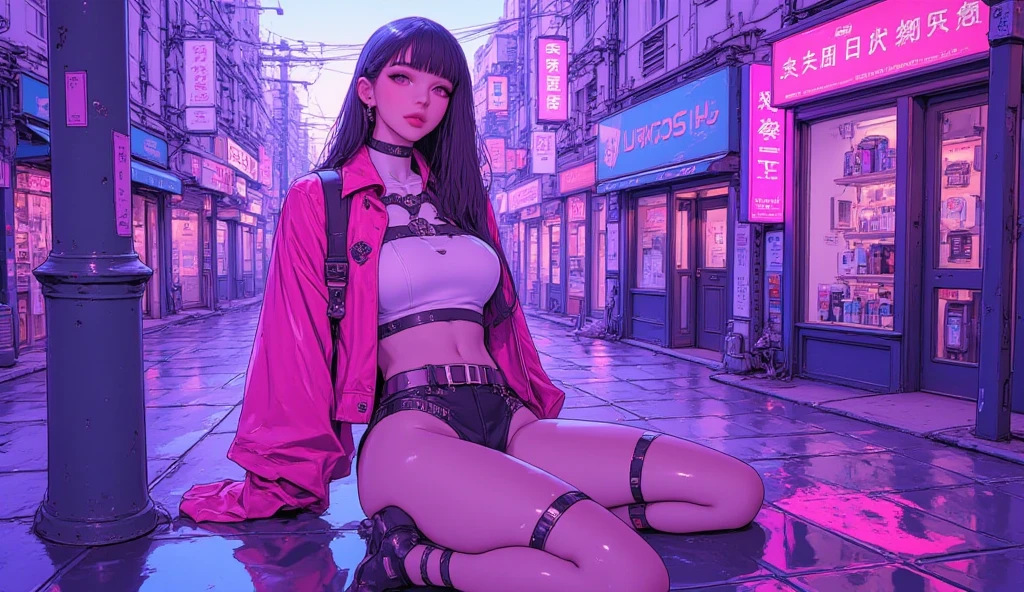 On the web Neon Street,one female,Long black hair,Black pupils,Broken hood,shorter pants,spread their legs