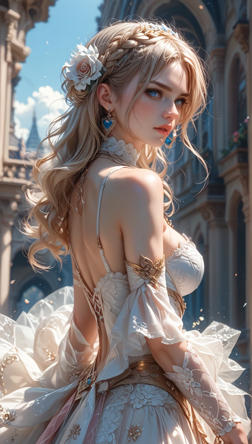 Romantic Rosette dress2, ((knee shot)), Close up, Outdoor, Waterfront, Urban beautiful girl college student, masterpiece, light makeup, red lips, silver hair, messy long hair, beautiful, elegant. Ultra-fine details, master works, real texture, cinematic lighting realism, perfect work, 8k, HD, exquisite facial features, slim figure, bright big eyes, smooth skin, earrings, necklace, tattoos