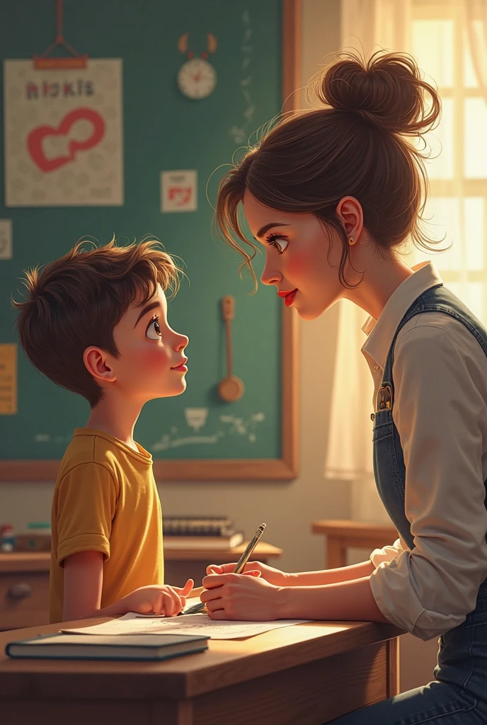 Teacher talking to a child by holding his shoulder 