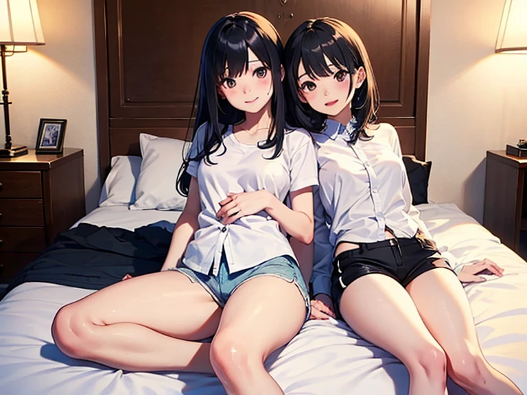 Girl with long black hair、(His blue and white checked shirt is unbuttoned、A glimpse of the orange bra)、(Blue it with your legs spread in an M shape、Showing off her cute white underwear)、(barefoot、cute leather shoes)、Short, big breasts, slender、Sisters give a double peace sign