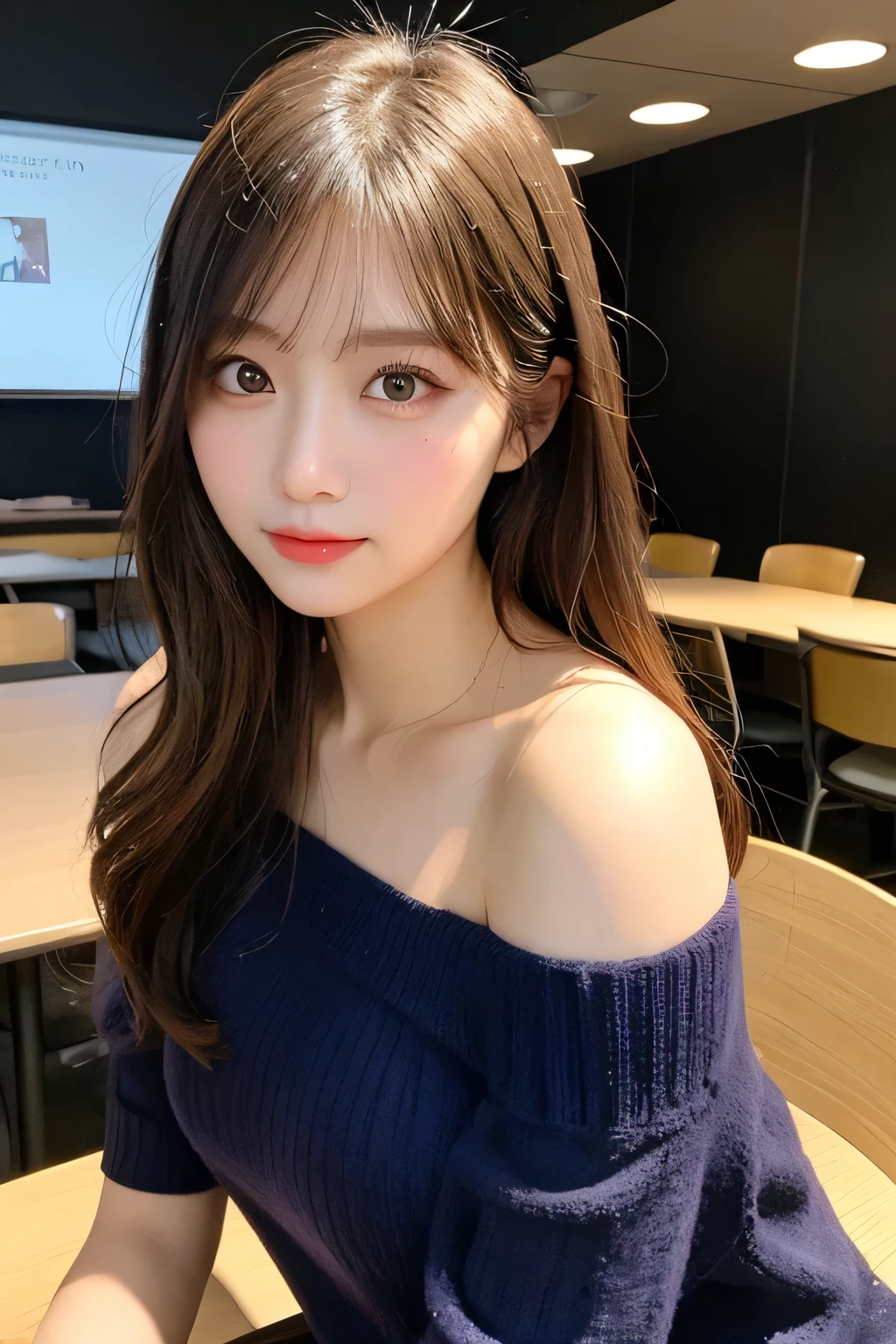 Tabletop, highest quality, shape, Very detailed, finely, High resolution, 8k wallpaper, Perfect dynamic shape, Beautiful and beautiful eyes,  Natural Lip, (Big Breasts:1.4), Random sexy poses,RAW Photos,cute,smile、Tight knit dress that shows off your bust beautifully - Bust coordination、Off the shoulder