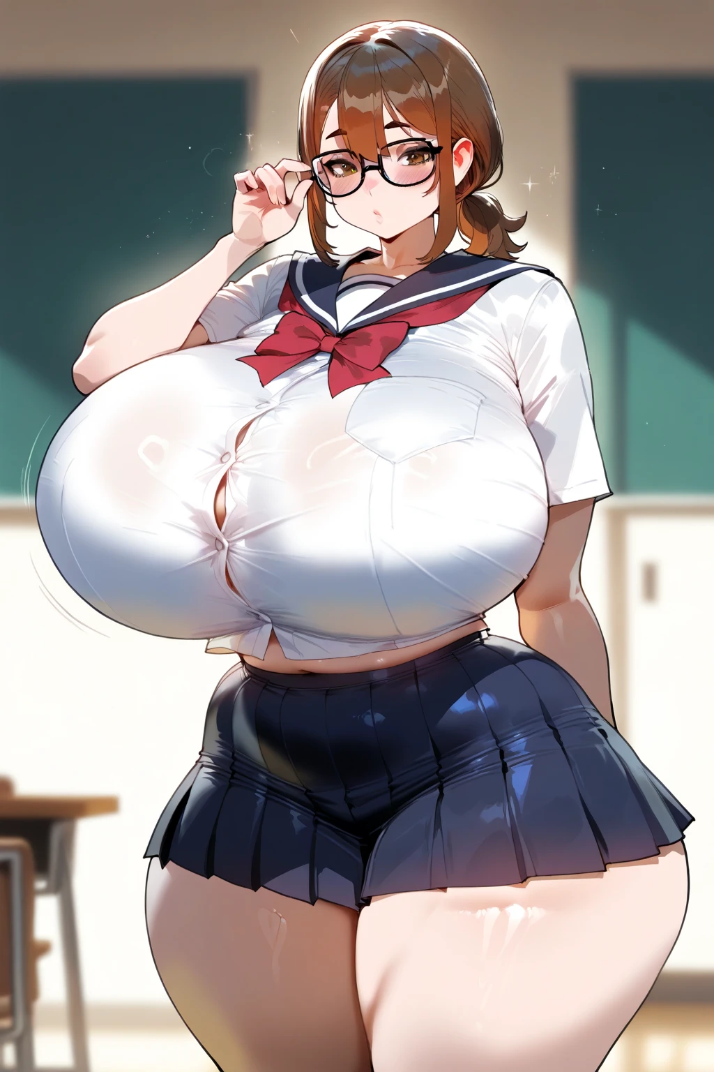 Hentai、High resolution、smile、Focus on people、A super big breasted idol high school girl makes a sex appeal in the classroom、Wearing a sailor uniform、Perfect proportions、Cowboy Shot、Out of the ordinary, overwhelmingly huge breasts、Fatty legs、Erect nipples、Exposing pussy、Clear eyes、Sweaty