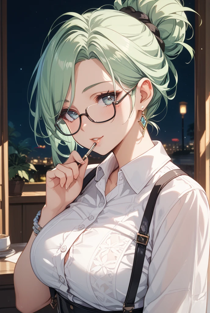 ((8k, Highest quality, masterpiece: 1.3)),Ultra-high resolution,(1 girl, alone), (Color changing eyes, Ultra-detailed, Expressive brilliance, Glitter, Glowing Eyes), Highly detailed eyes, Highly detailed face, Random Hair, ((pastel colour)),A joyful young woman with pastel mint-green hair styled into a messy bun, sitting on her vanity chair in her softly lit bedroom during a calm night. She is dressed in a subtly sexy secretary cosplay, wearing a fitted blouse with a deep neckline, a pencil skirt, and glasses perched on her nose. The camera captures her from a side angle as she leans forward over her desk, emphasizing her cleavage while her expression remains focused and determined. The room is dimly lit by a desk lamp, with office supplies neatly arranged, and a professional, yet intimate atmosphere.