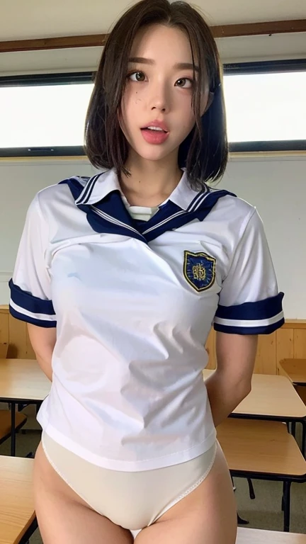 (masterpiece, Highest quality:1.2), 8K, Young and beautiful girl, 85mm,Official AR RAW Photos, Baby Face、Big in clothes 、Show me your ears、photo shoot, Cute face, Thighs, Classroom after school, Observe the audience, Embarrassing、smile、No makeup, Film Grain, chromatic aberration, Sharp focus, Face Light, Bright lighting, 10 generations, Detailed face, Background blur、((((((16-year-old high school girl))))))、Tight waist、Sailor suit、Navy blue mini skirt、Lift up your skirt with one hand&#39;hand、White tiny panties、Wet、Spread your legs、((White panties))、((White panties))、((White panties))