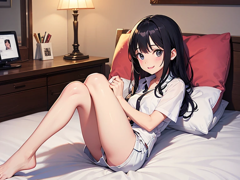 Harumi Fumiko en un plano selfie, gran angular, 18 year old woman with long brown hair, ojos cafe claro, piel blanca, small freckles, small and perfect nose a little turned up (Fondo de pantalla 8K extremadamente detallado), sonriendo, muy feliz, con las manos por detras, gran calidad anime, descansando en la cama, ropa interior blanca, NSFW:1,2, manos perfectas, posicion atrevida, coqueta. Perfectamente realizado. anatomicamente correcto, ropa de lenceria