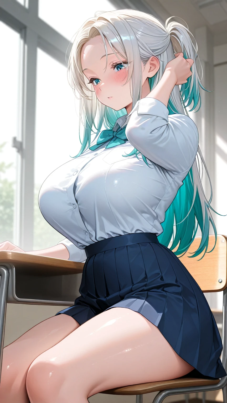 delicate illustration, 1girl, sitting on desk, breasts squeezed together, leaning forward, from above, upper shot, face close up, tsundere, huge breasts, lime hair, middle curl hair, skyblue eyes, , beige cardigan, Showcasing cleavage