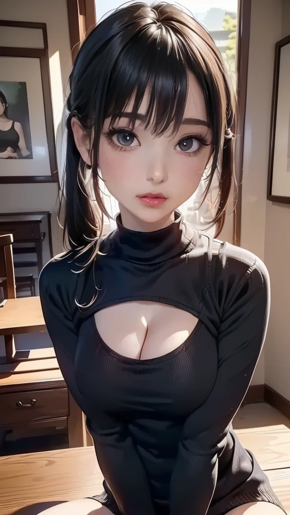 a 20 yo woman、(masterpiece:1.4)、(in 8K、realisitic、Raw photo、top-quality:1.4)、(Real Face:1.4)、(real looking skin:1.3)、超A high resolution、A hyper-realistic、Black eyes、black hair shorthair、grey sweater、(huge-breasted:1.5)、Blushing、alluring face、smil、cafes、coffee