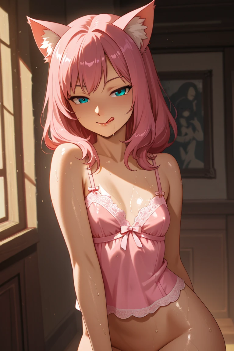 There is a beautiful girl (rubio) (( young body)) ((child face)) (body in a shiny jumpsuit standing in the room,wearing a short sheer negligee and a pink and white bikini,small breasts