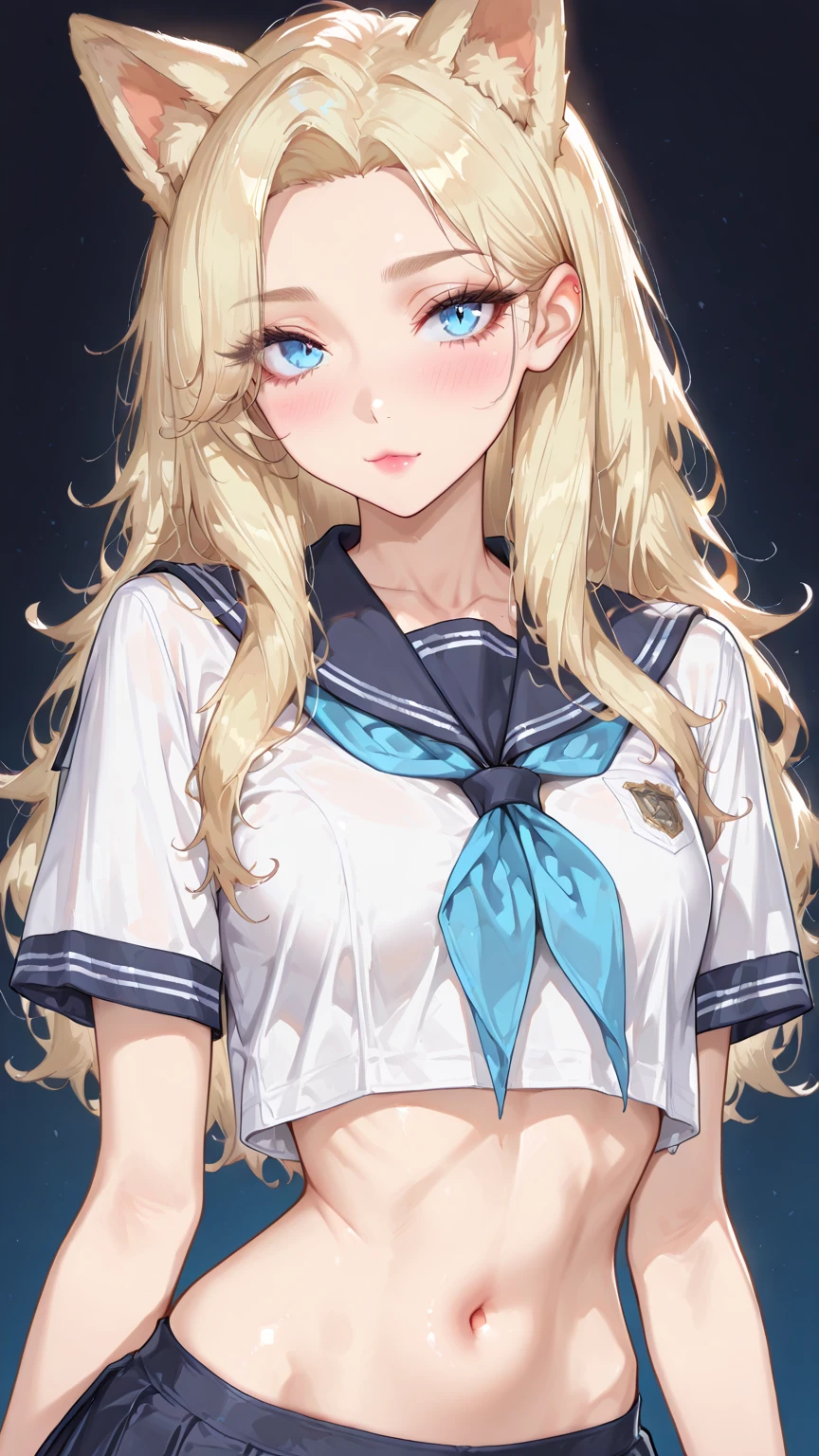 top-quality、realistic touch,high-detail、photoRealstic、thin-waist、captive beauty、big eye、solid platinum-blonde eyelashes、platinum-blonde、full body Esbian、Sparkling eyes, cheeks flushed、thin-waist、In the classroom of the school、She is in estrus、a sailor suit、cocky expression、Super short skirt with V-line visible、Sleeveless、13 year old girl、Too skinny body、Navel Look