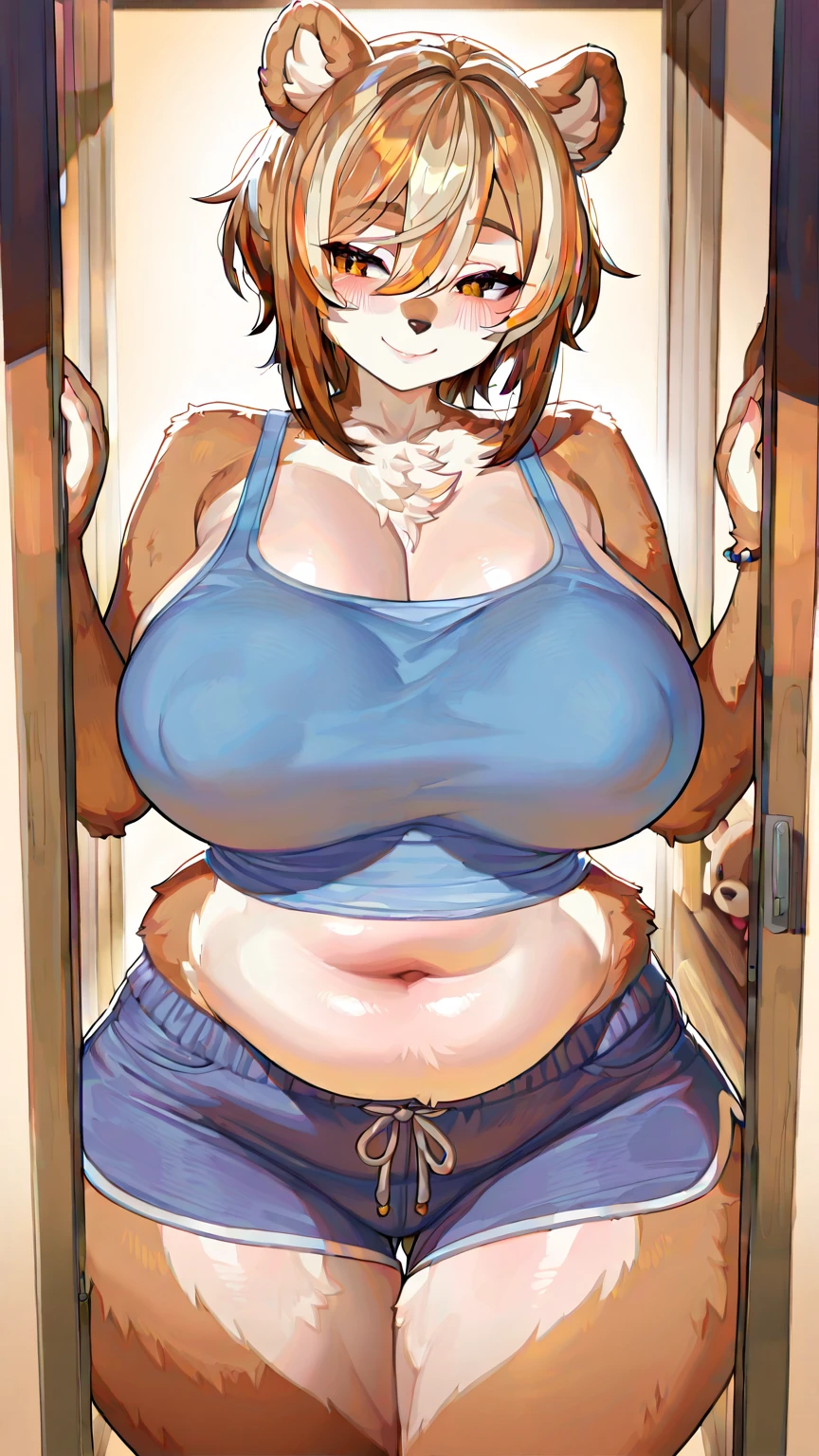 ((Best Quality, 8k, masterpiece :1.3)), 1 girl, Beautiful woman with emphasis on slim abs.: 1.3, (casual hairstyle, big breasts: 1.2), casual clothes: 1.2, interior, Ultra detailed face, delicate eyes, double eyelids, soft breasts, smile, exposed cleavage, mega breasts, Naked Bedroom、Beautiful mature woman、adorable sleeping face、Beautiful、chubby、sexy、A bird's eye view、whole body、Emphasis on the butt