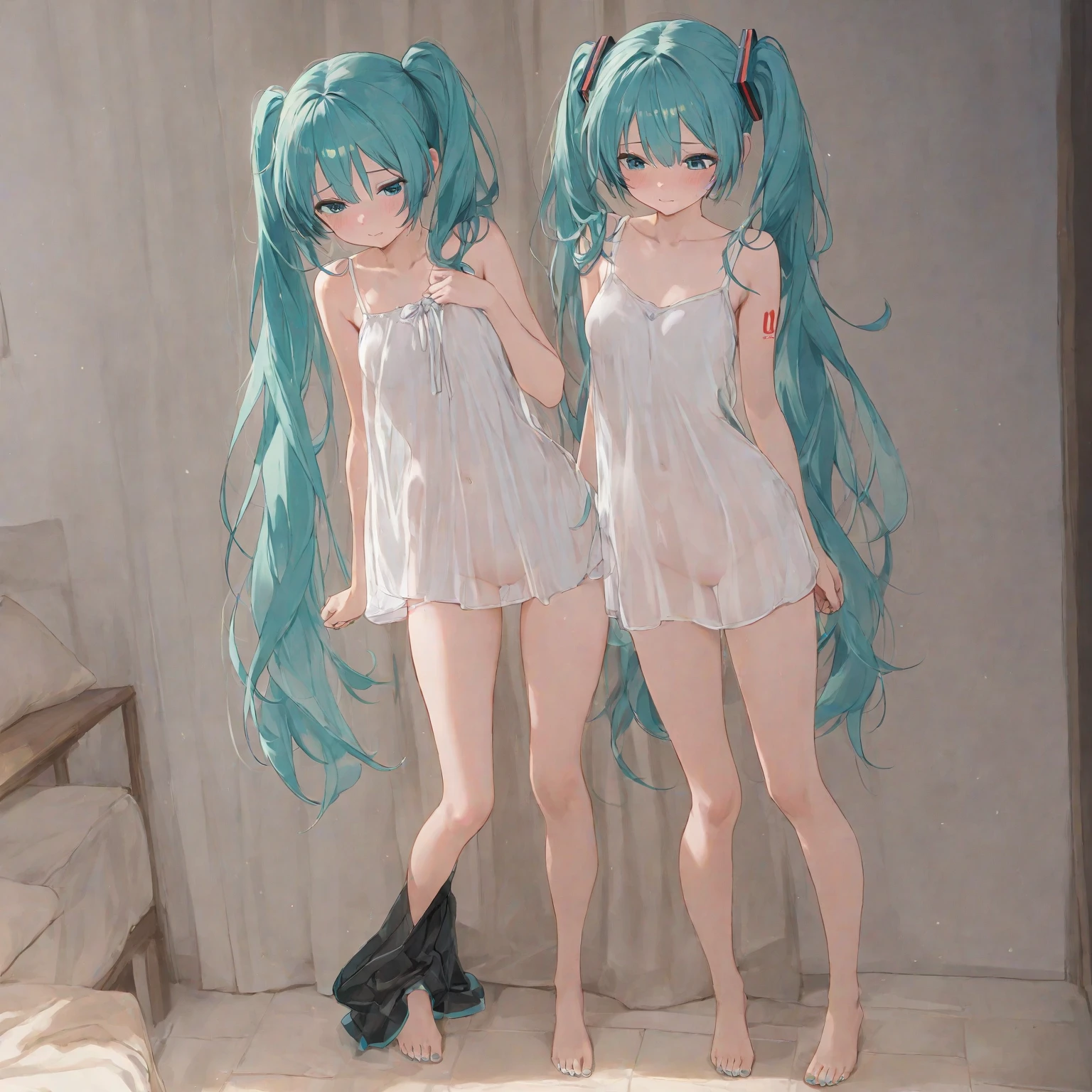 (masterpiece,best quality 1 4),super fine illustration,shiny pale white skin,detailed skin,detailed face,detailed eyes, an extremely cute and beautiful girl, beautiful face, shinny long hair, (Hatsune Miku), kneeling, hand between legs, full body, skinny, (small breast), awaiting tongue, (drooling 3.3), on the bed, (restrained, shackles), show off nipples, clothed, ((wet pussy))