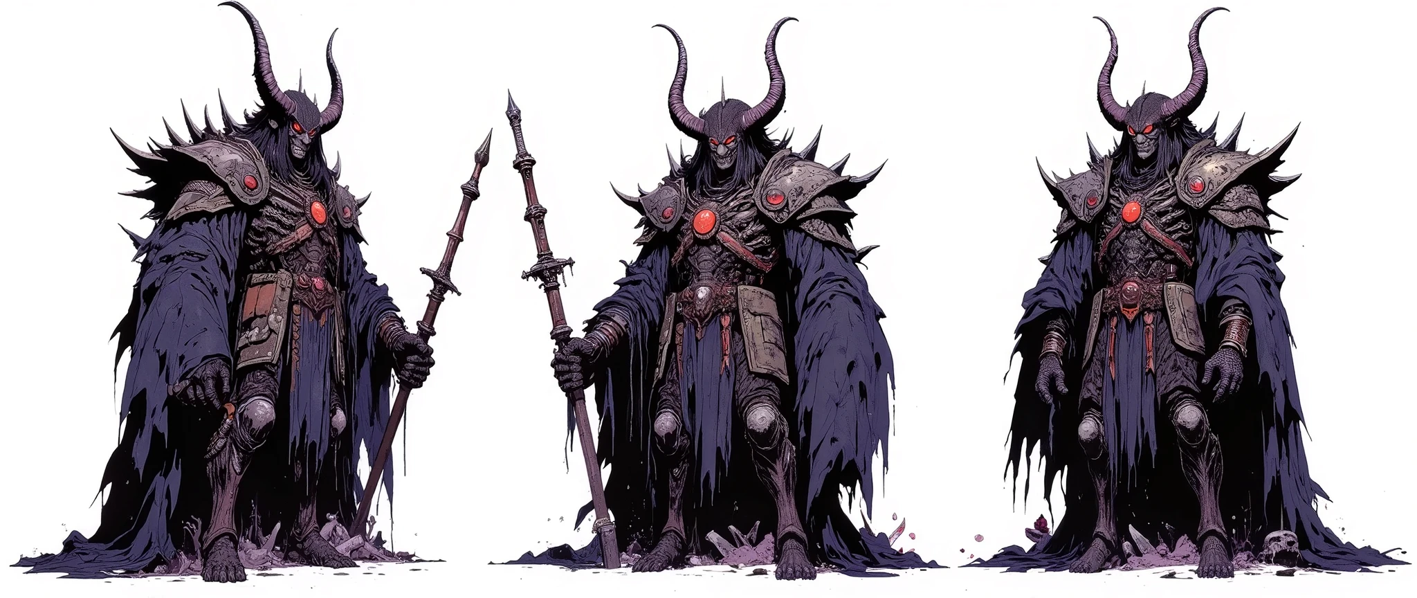 Masterpiece, latest, very aesthetic. A Demon Lord of darkness, he has huge horns that adorn his head, black horns, he has locks of hair, he is 5 meters tall, he wears armor with huge and disproportionate shoulders, he is very strong and has huge claws, gore, a scary monster, he has 4 arms, spear-shaped bones that come out of his back, very long, [[his feet are like goat's feet]], on his waist he carries several severed heads, in his hand he carries a huge demonic sword, demon king, his face is like the statue of solo elevin boss, asian horror, Hannya, geisha mask, [[rendered as animes 'Blame' 'Berzeker' 'PSYCHO-PASS' 'Texhnolyze' , Female body similar to anime 'Blade & Soul']] rossdraws 2.0, high resolution, 90s anime style, full body, high contrast, anatomically correct, front and side and back view, character presentation, [[white background]], character design layout, 3 sides, front back and side, front view [[[She'S FRONT]]], [[She's back]] [[FULL BODY]], [[Image showing her full body from head to toe]] , front and side view in the same image, [[white background]], presentation of the character concept. no shading, flat colors in the 90's anime style with cel shaded. 3 tones
