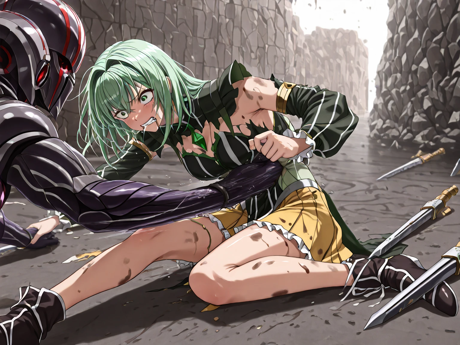 goddess(mature appearance, green pony tail hair, roll up green long skirt, long sleeve), rape by monster(1 monster, 1 girl, doggy style)