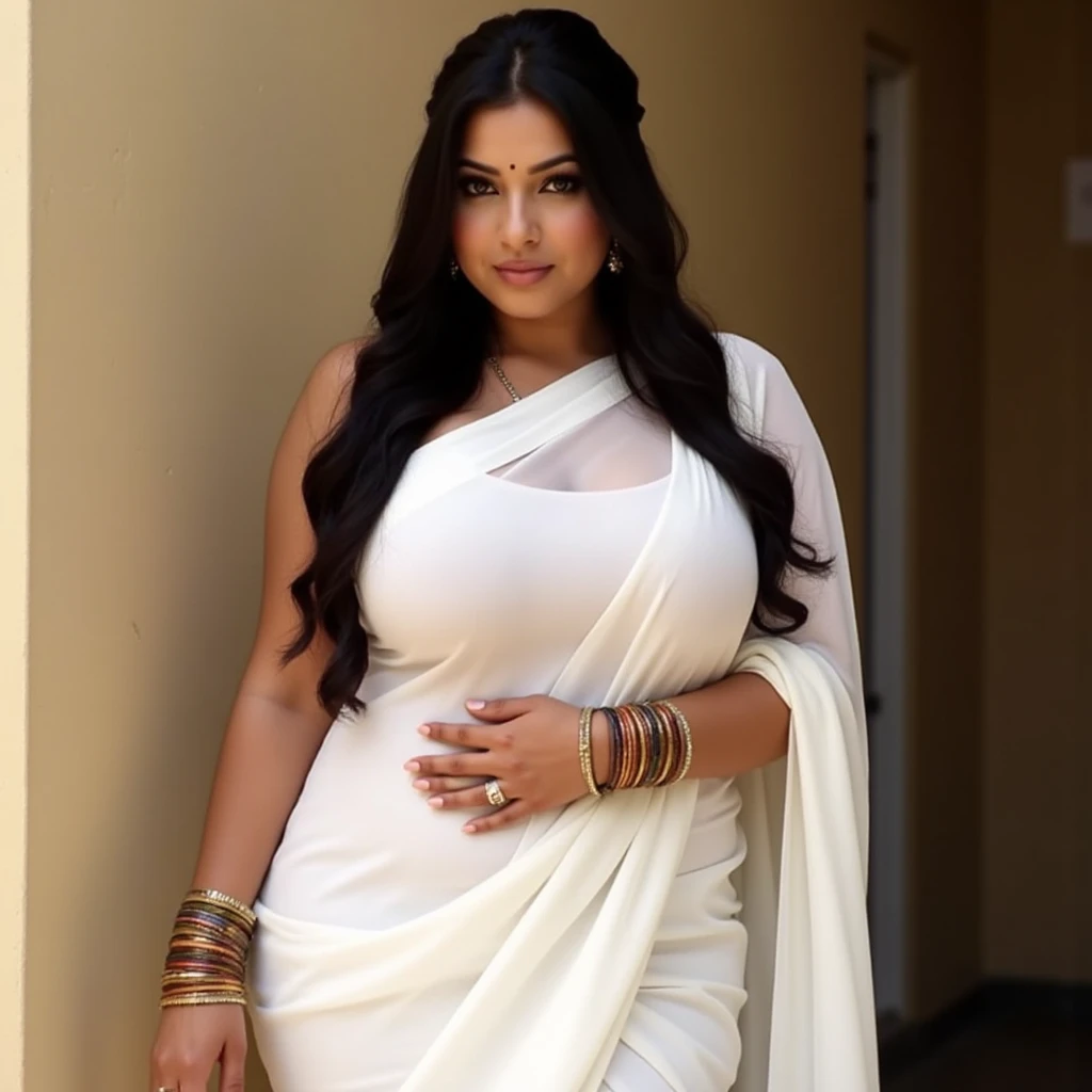 Woman in a,Intense Makeup)), ((Lipstick)) ,south indian slipless top royel white saree,dimond necklaces, flower in his hear,big, full font ,big , with her arms up, armpit posing, high definition armpit details, high definition image, big back , ????? vagina, armpit close up, thick waist ,back, hourglass waist in gaden,plus size, plus-sized, gorgeous female, curves!!, avatar image, prom o still, fanart, widest hips, plus size woman, cur vy model, skinny waist and thick hips, tight attir e, alluring plus sized model, waist - up, large hi ps, gorgeous woman, white scrin body,
