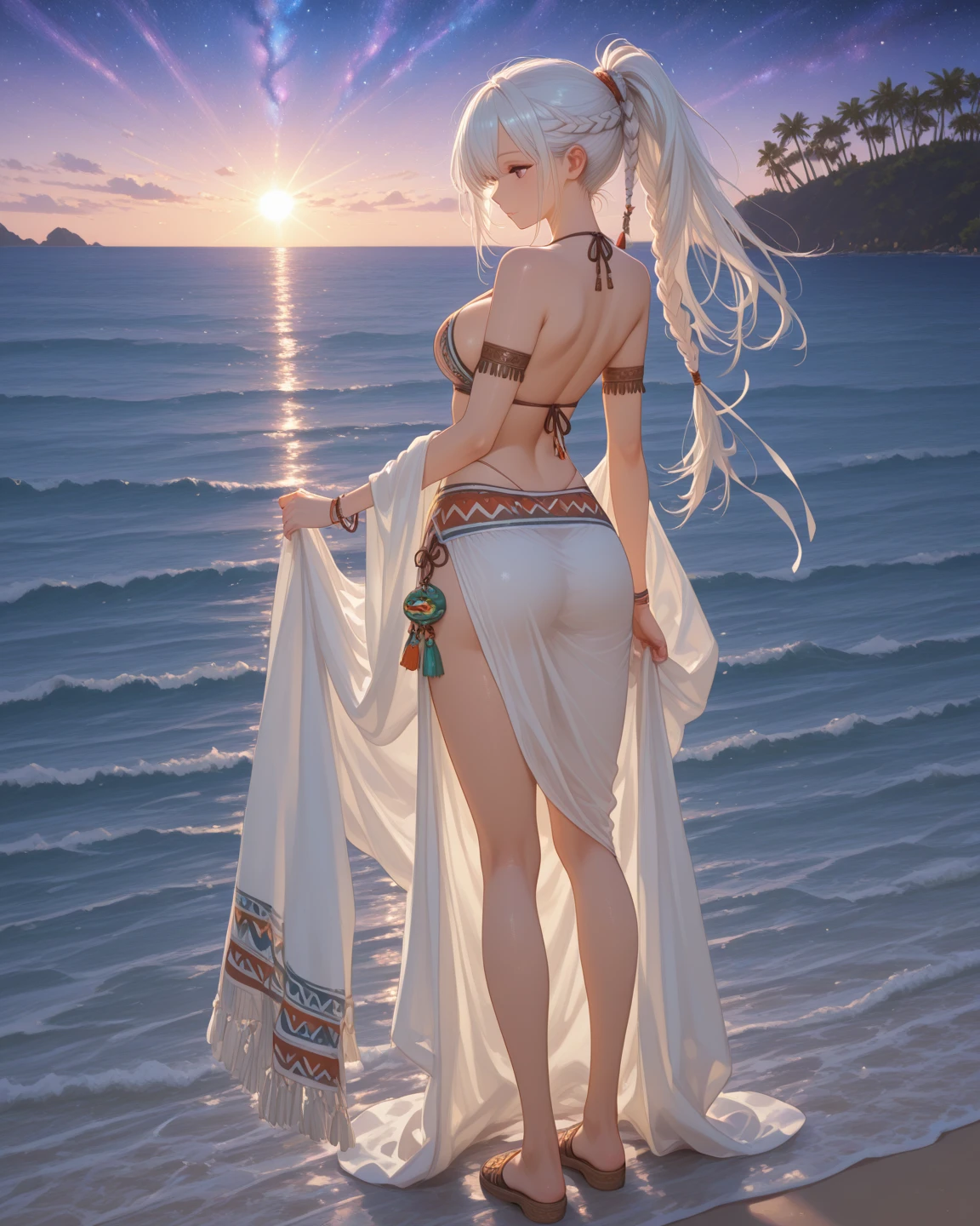 "In the vibrant heart of Zara's royal palace, Naila of Zara, a radiant princess with (((short white hair))) and (((dark skin))), swims joyfully in a lush, tropical pool. The pool is surrounded by vibrant flowers, tall palm trees, and intricate wooden carvings, reflecting the rich cultural heritage of Zara. Naila wears a colorful bikini made of handwoven fabrics with intricate beadwork and tribal patterns, showcasing the kingdom's traditional craftsmanship,(((back view))),Photo taken from below