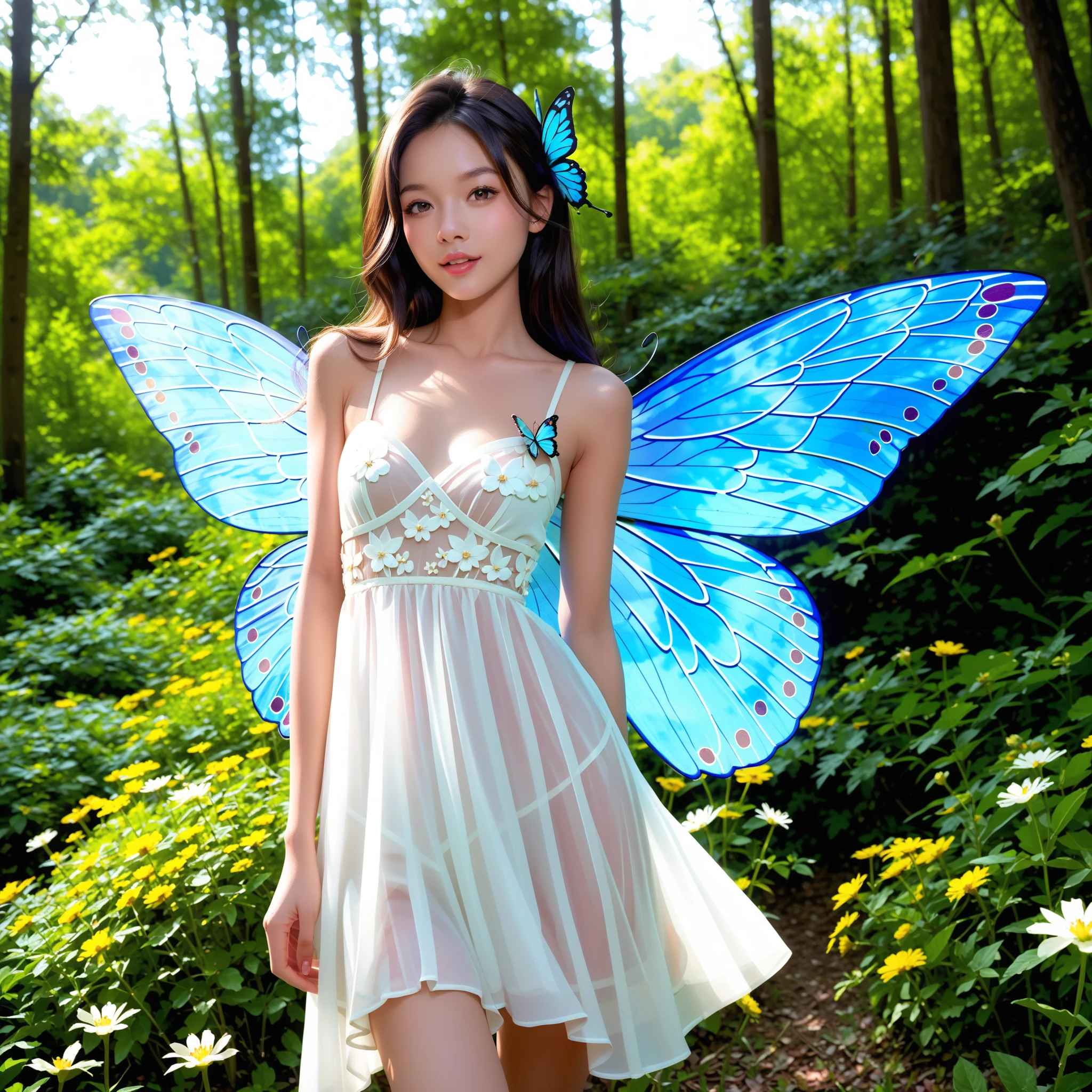 8k, realistic, ((cute 14-year-old girl))))), (small)), (((cute))), in the forest, sunlight, clear, delicate, professional photographer, photography, coat, cg, (leotard with see-through decoration), ((transparent feather fairy)), (one leg raised)))), full body, long hair, ((((open leg)))), fairy, (small breasts)))), (protrusion)))), side breasts, Fine art, art, soaking wet
