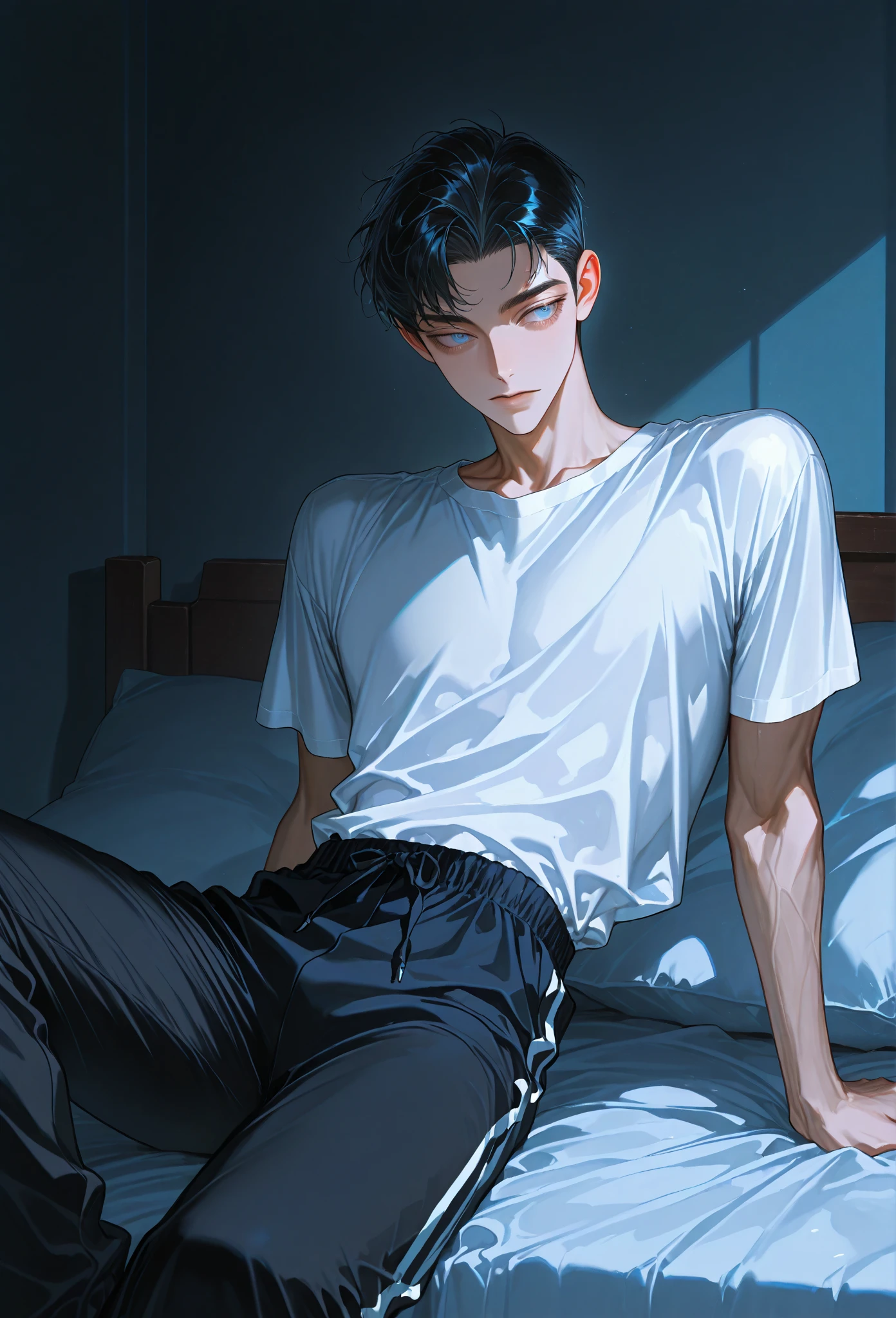 Masterpiece, high quality, best quality, beautiful, HD, realistic, perfect lighting, detailed face, detailed body, 1 man, (short black hair), golden eyes, masculinity, white t-shirt, (fog), (calm expression: 1.5) (calm face: 1.5), eyes closed, sleeping, vista, bed