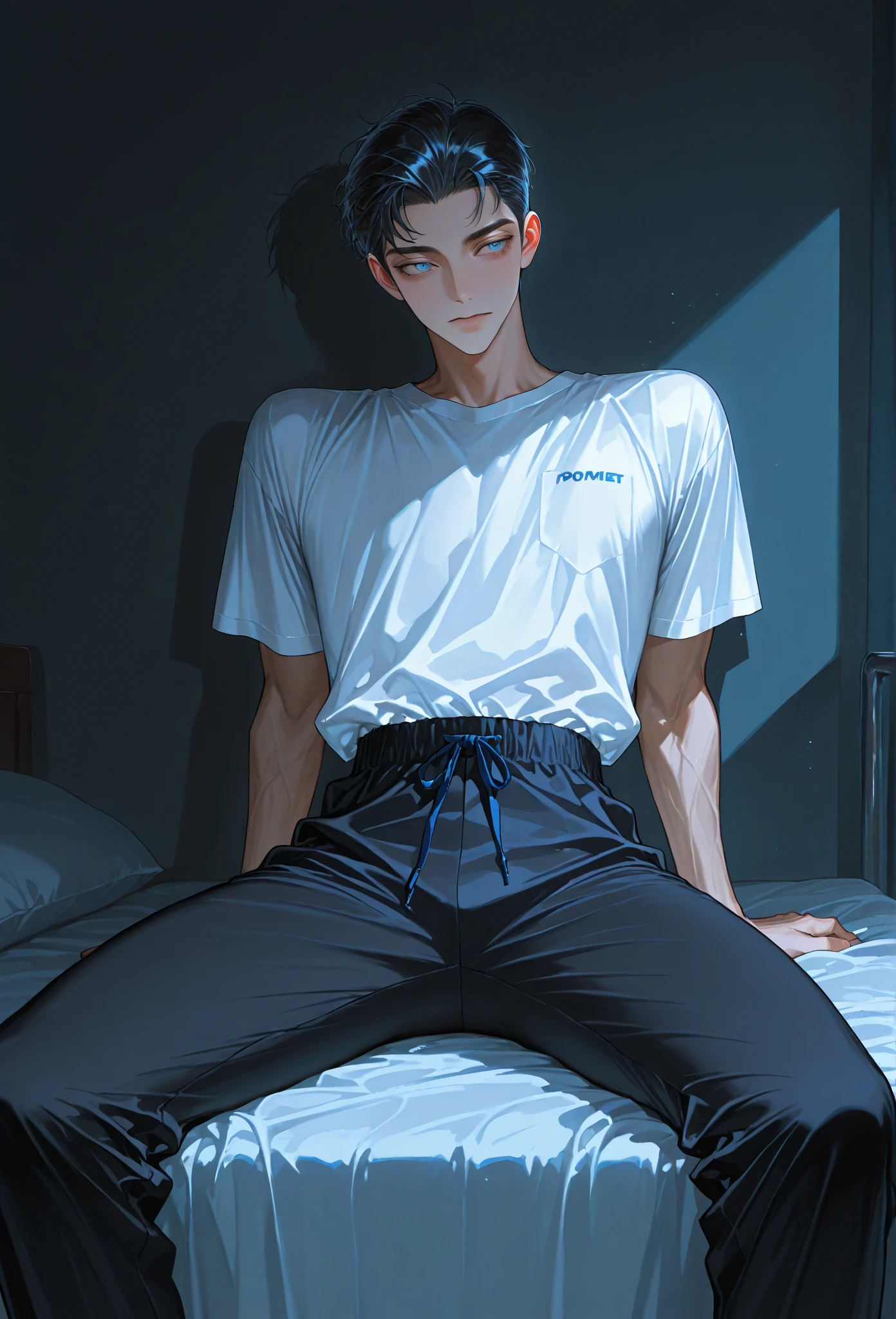 A man who looks down on him wears a T-shirt with a big belly,