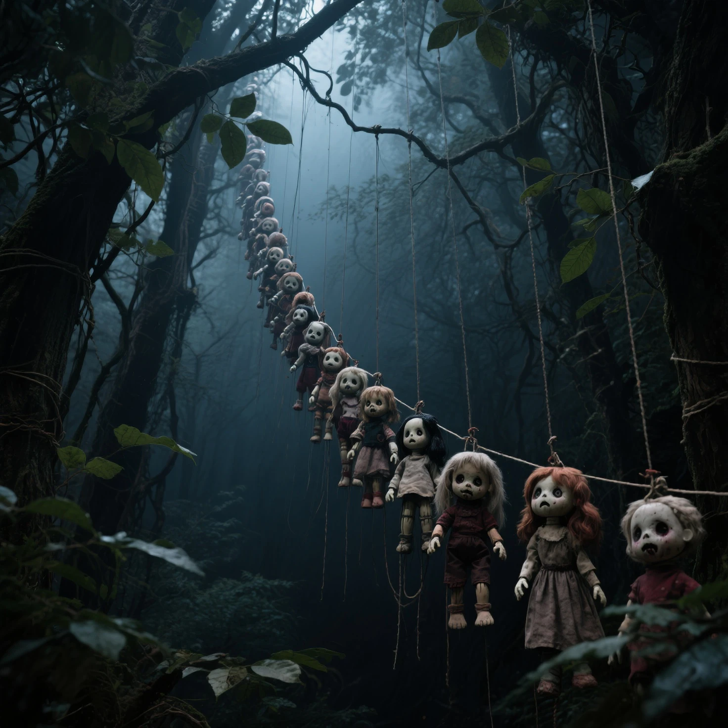 /imagine prompt: The Island of the Dolls, a haunting place where hundreds of weathered dolls hang from trees, their lifeless eyes staring into the abyss. The island is shrouded in an eerie atmosphere, as if the dolls have absorbed the spirits of the departed. Photography, lens: wide-angle 24mm, --ar 16:9 --auto