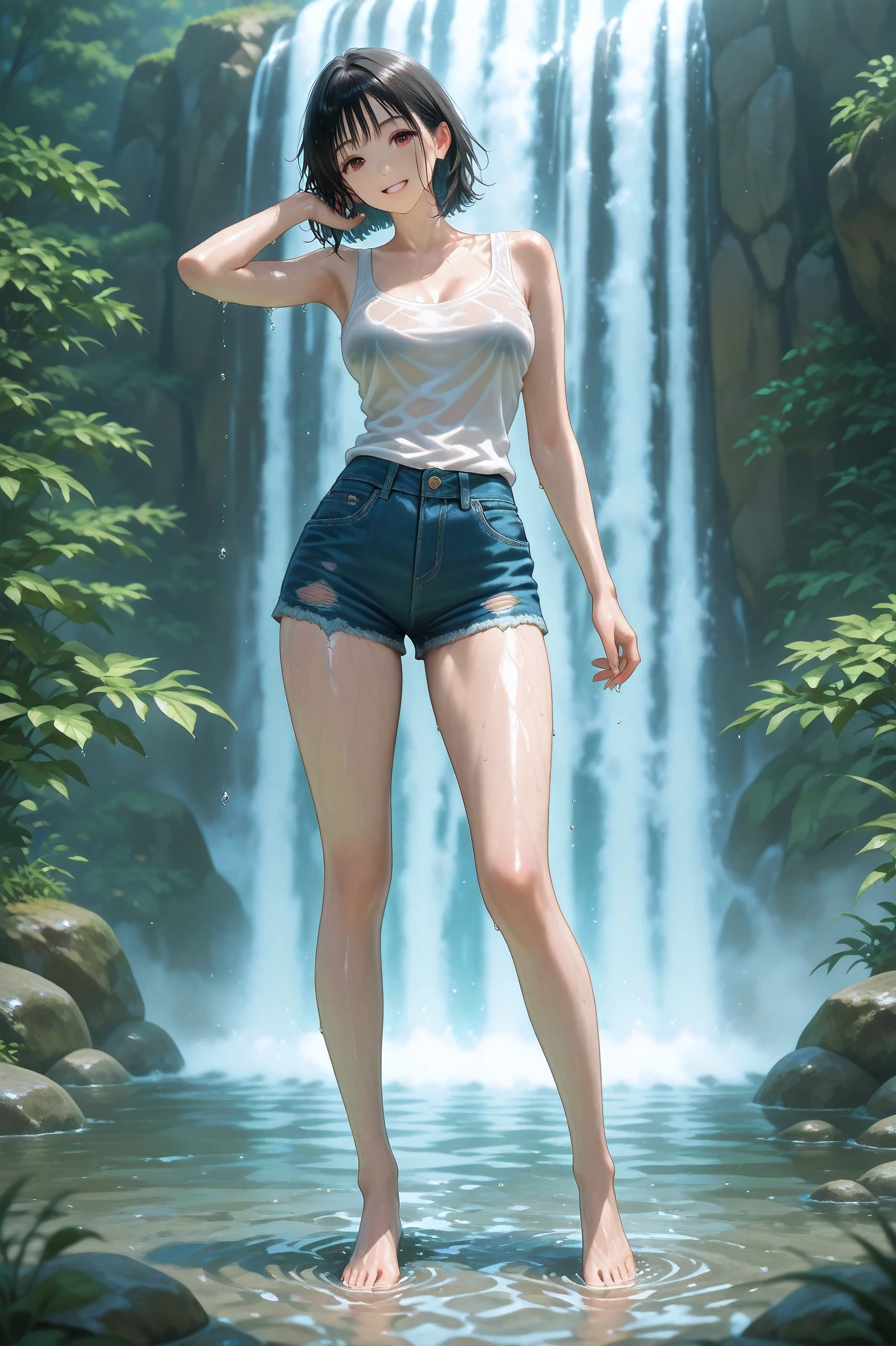 CG, perfect atwork, perfect female figure, smile, photography, peeing herself, peeing down her legs, a small puddle of her own urine is forming around her feet on the dry ground, peeing, wetting herself, urination, high detail, Realism, Hyperrealism, masterpiece, highres, UHD, anatomically correct, high quality, super detail, high details, best quality, highres, award winning, 8k, textured skin