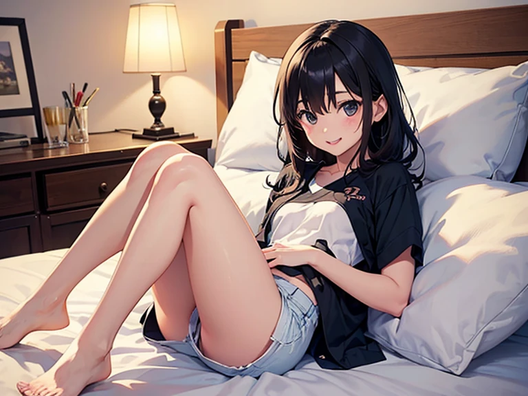 Best quality at best,Beautiful quality,Photorealsitic,looking at viewert,Extremely detailed skin,Extremely detailed black hair,8,1girll,Short top,Ultra shorts,Smooth and delicate thighs,Sit on the bed with your legs folded