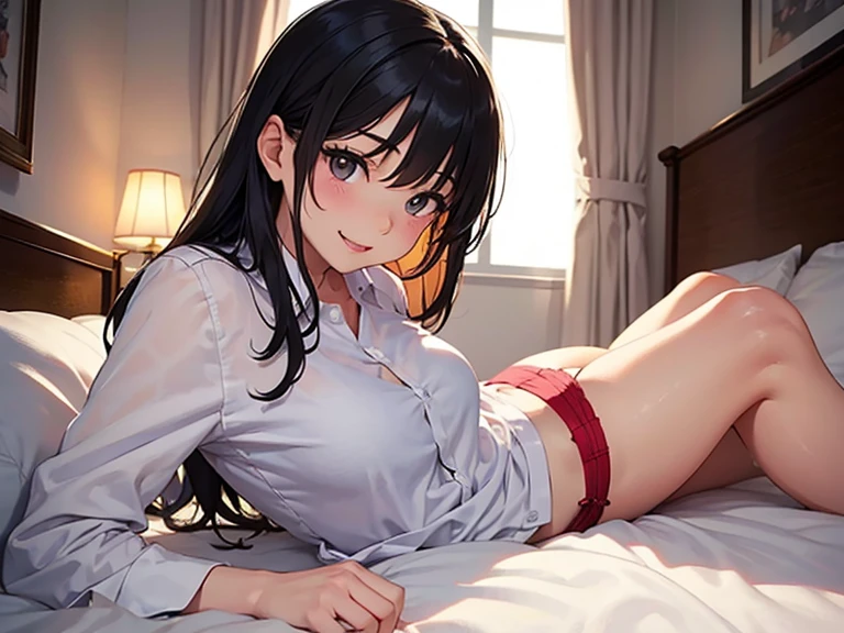 best god quality, Ultra-detailed, perfect Anatomy, (((NO SUNLIGHT))), (((ITS NIGHT TIME))), (Draw a girl laying in a hotel bed), (lights are off), dark room, room is dark, 1girl, is a soft beautiful tan girl, wearing black pajama shorts, dark skin girl, tan line skin, (dark skin*2), (black + short wavy hair*1.2), Full limbs, complete fingers, groin, Beautiful gold eyes, yellow eyes, well-proportioned tan girl, smug eyes, black pajama shirt, dark pajama bottoms, in a dark hotel room, High resolution, Best lighting by professional AI, hotel room, lights are off, looking at viewer, (((One girl in middle))), (((SOLO))), (they are laying down in bed) ((bed sheets over body))